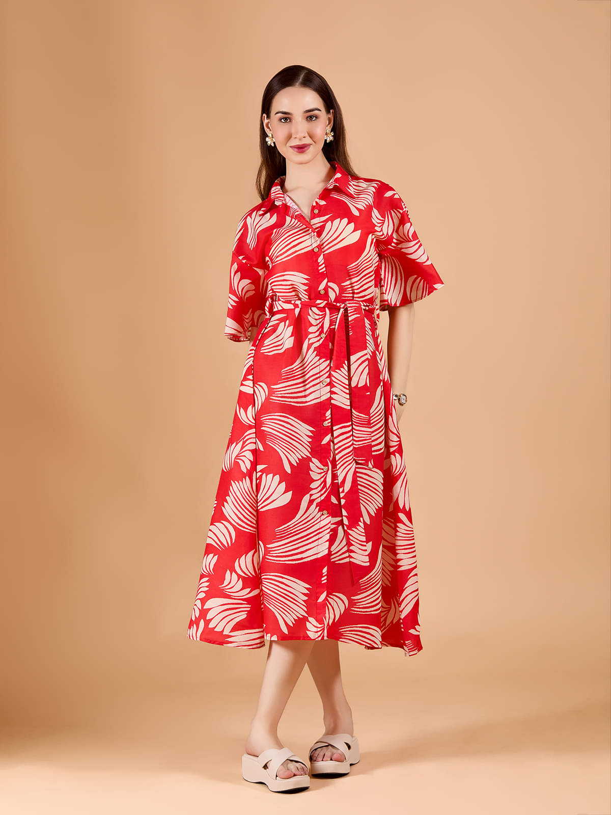     			Amarasha Women Cotton Blend Printed Shirt Dress ( Red )
