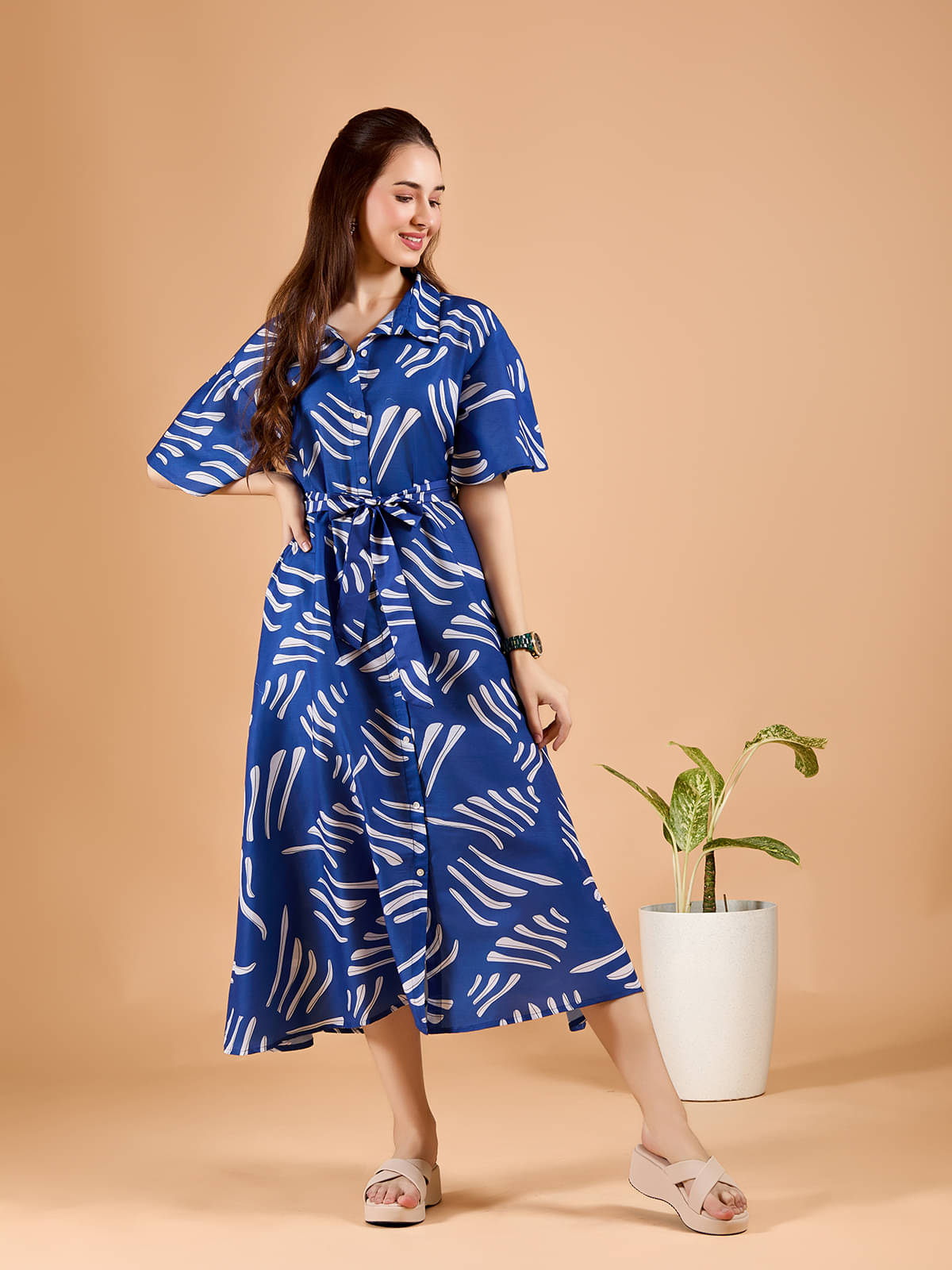     			Amarasha Women Cotton Blend Printed Shirt Dress ( Blue )
