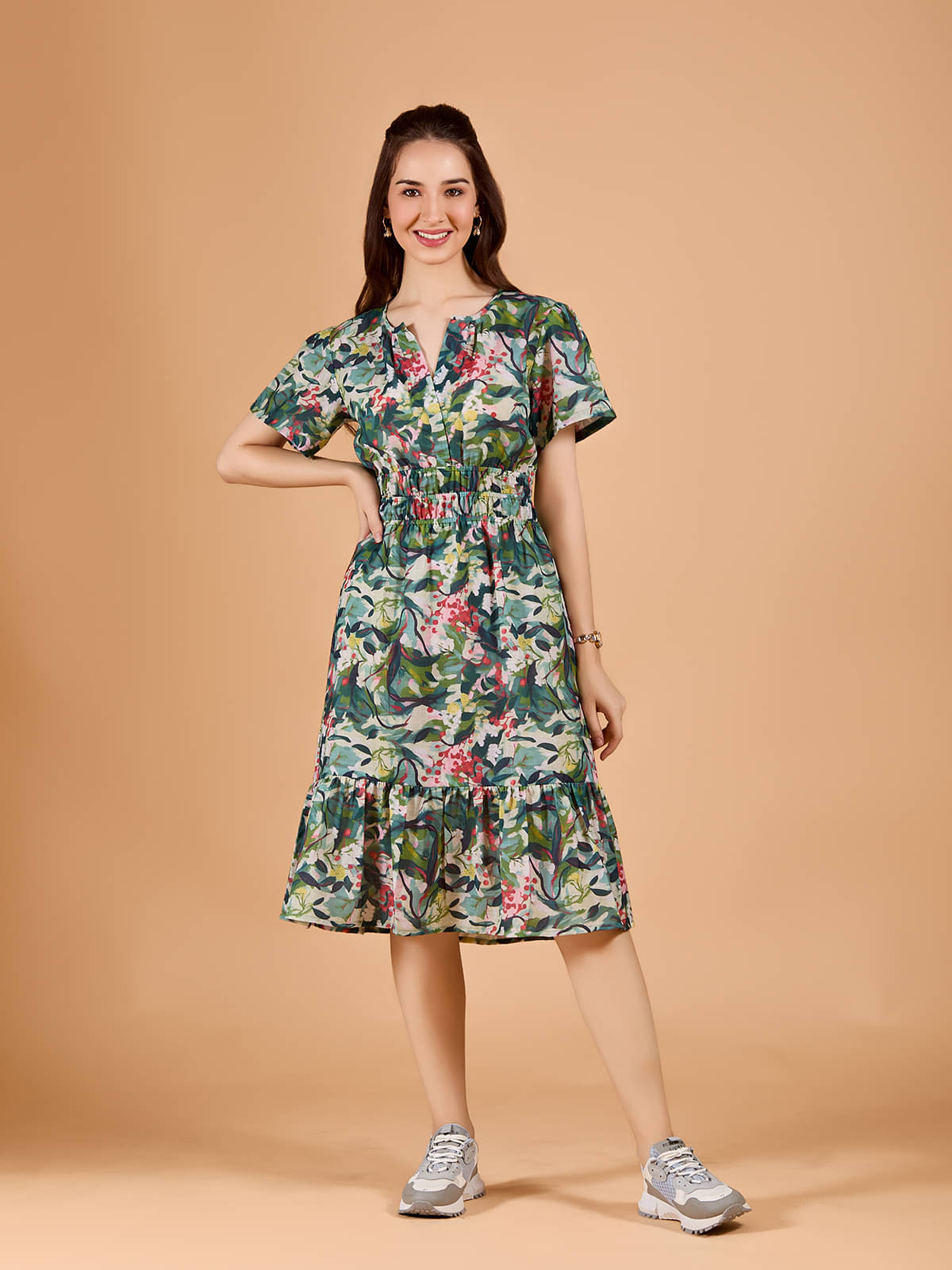     			Amarasha Women Polyester Printed Fit & Flare Dress ( Green )