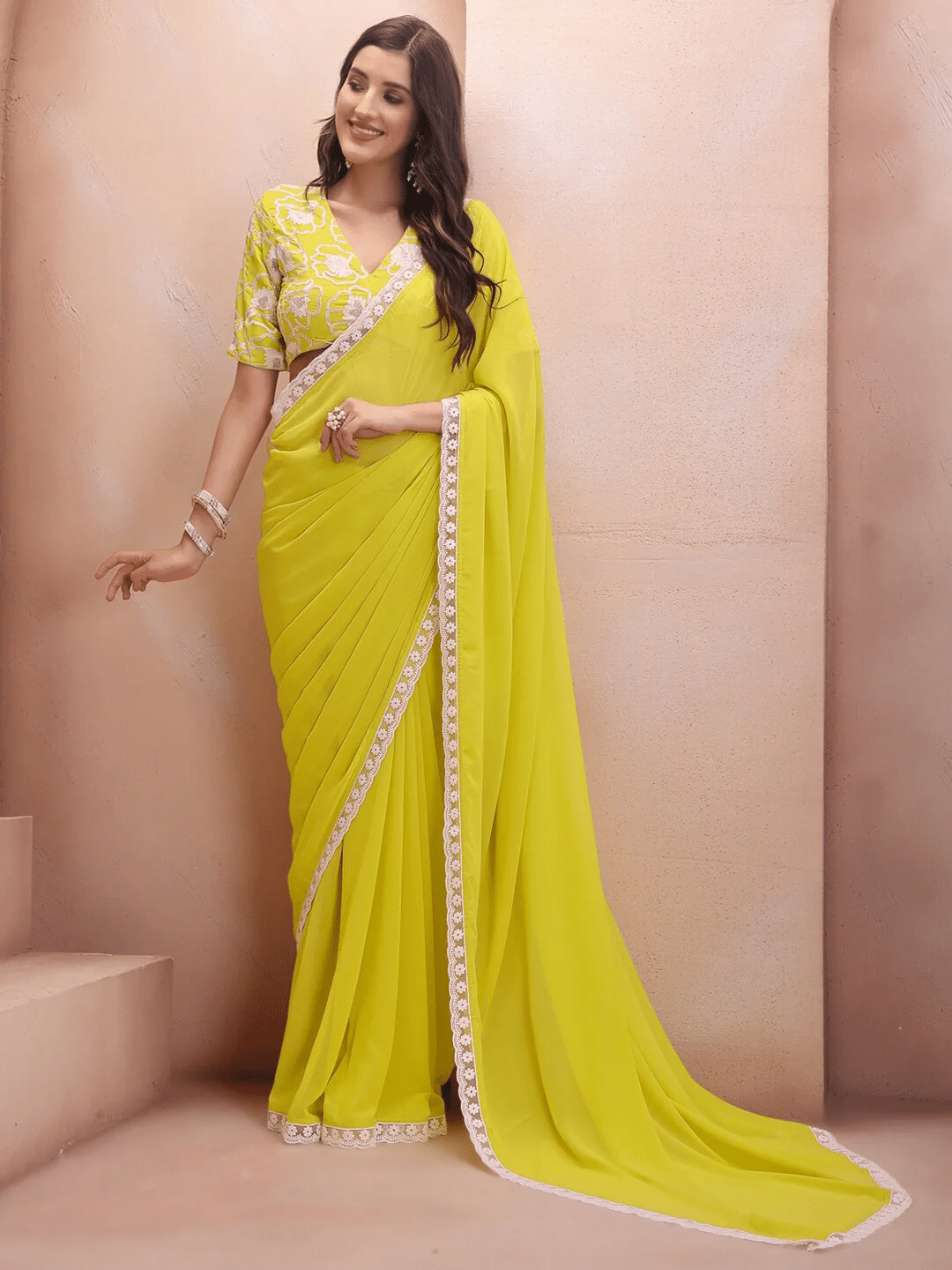 BLEESBURY Chiffon Solid Saree With Unstitched Blouse Piece ( Lime Green ) BLEESBURY Chiffon Solid Saree With Unstitched Blouse Piece ( Lime Green )