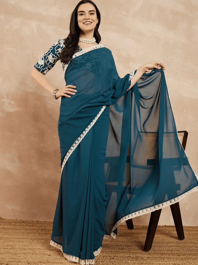     			BLEESBURY Chiffon Solid Saree With Unstitched Blouse Piece ( Teal )