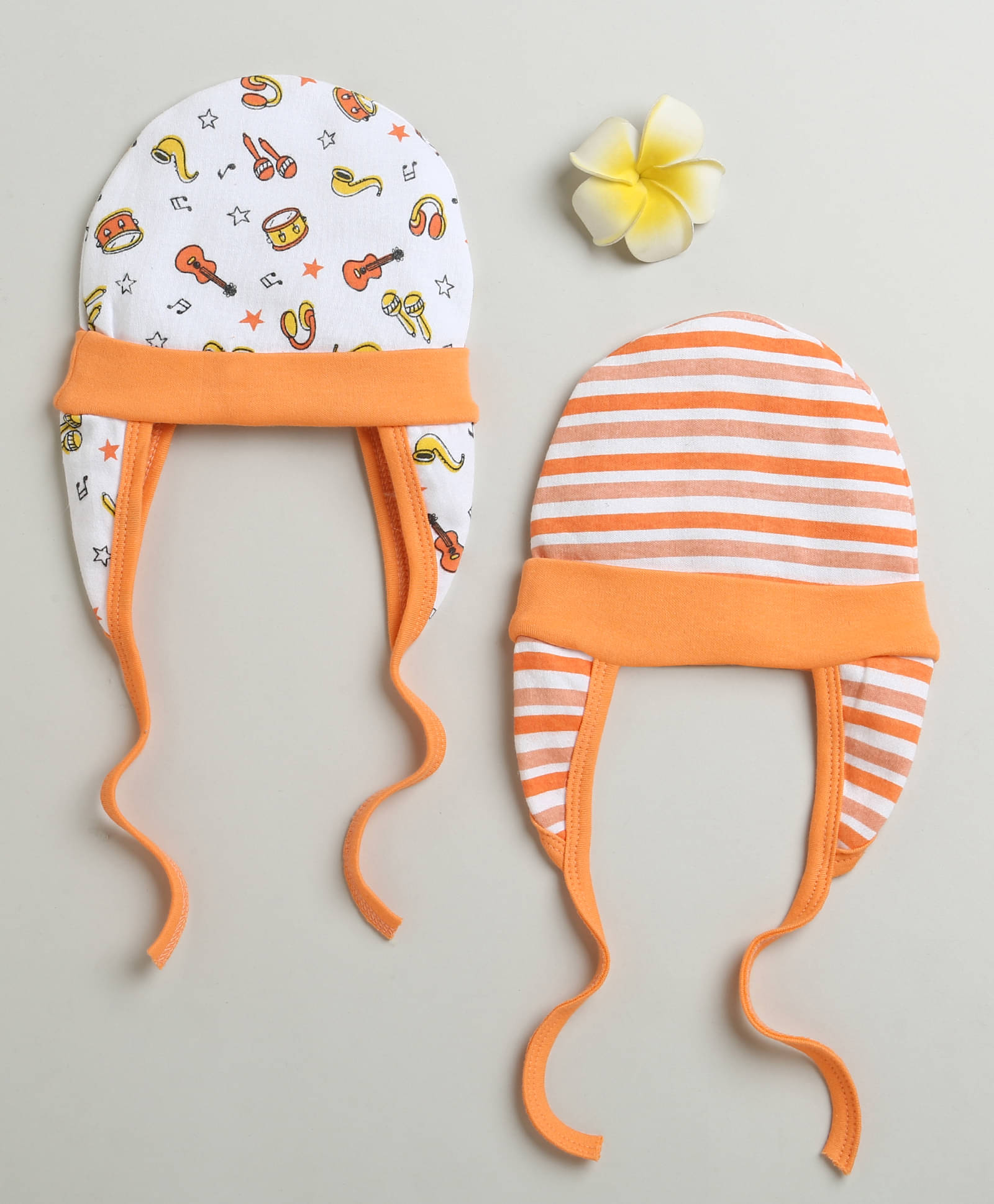     			BUMZEE Orange & White Baby Boys Ear Flap Tying Cap Pack Of 2 Age - 3-6 Months