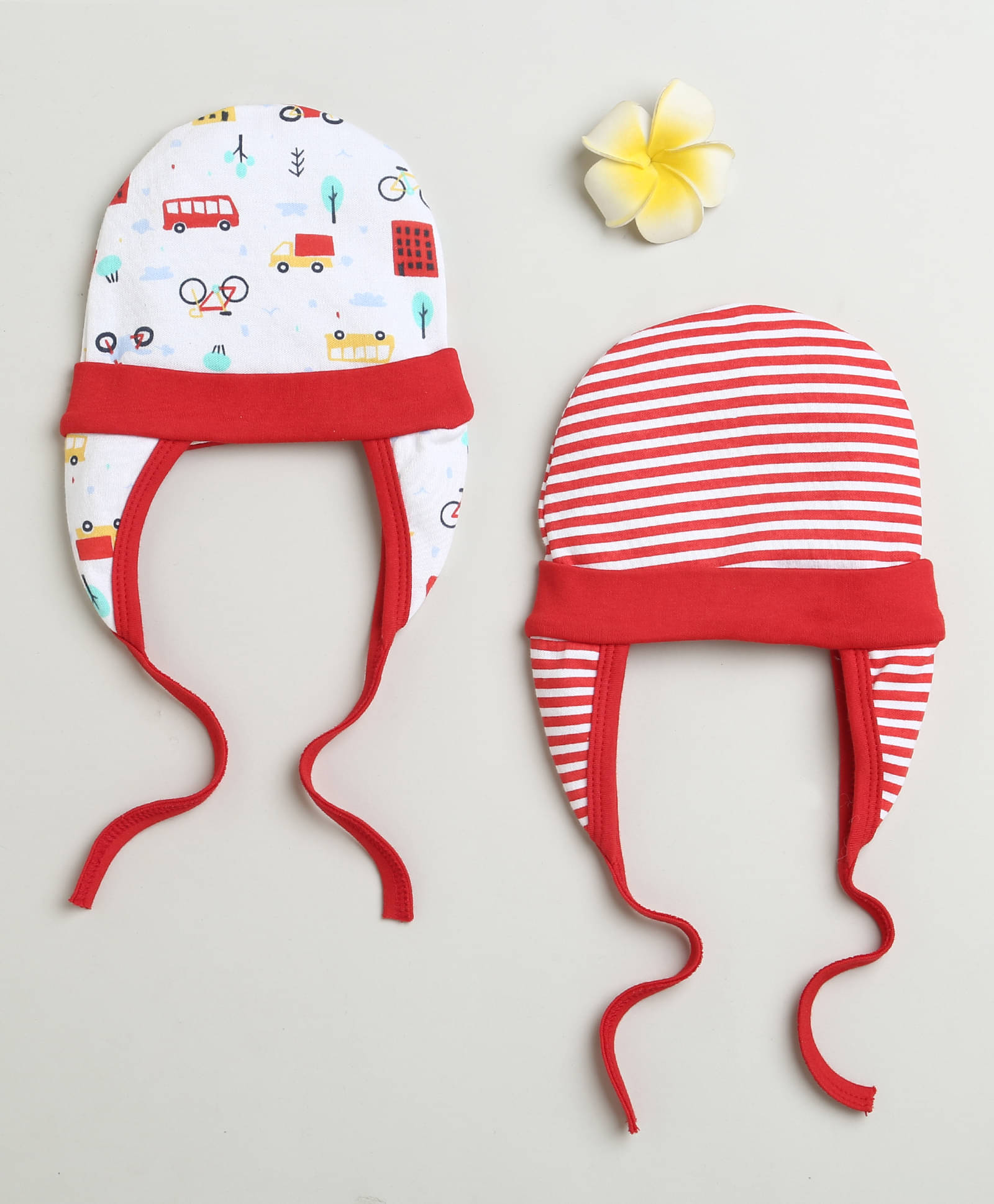     			BUMZEE Red & White Baby Boys Ear Flap Tying Cap Pack Of 2 Age - 3-6 Months