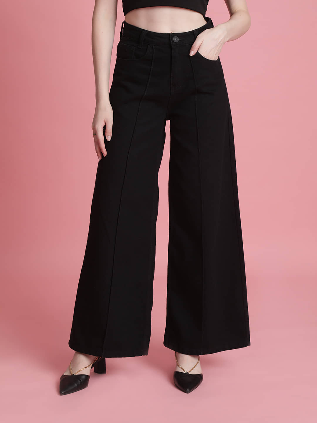 Bene Kleed - Black Cotton Wide Leg Women's Jeans ( Pack of 1 ) - Jeans | Buy online on ZillyBuy