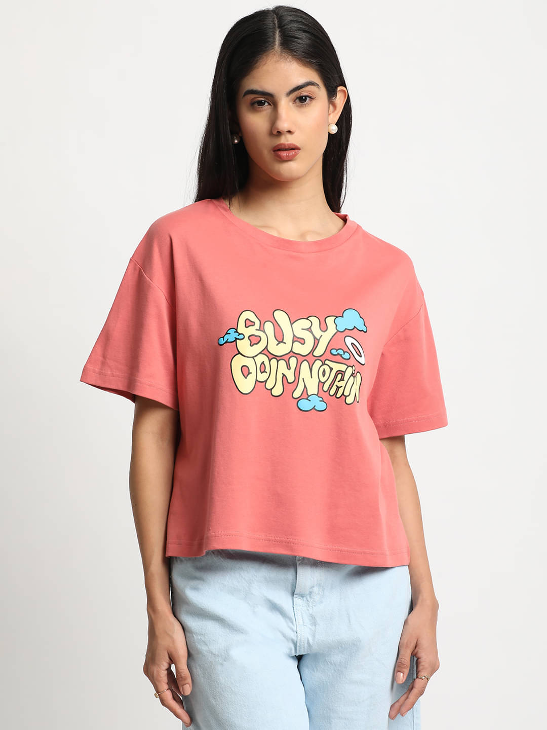     			Bene Kleed Women Cotton Printed Oversized Fit Round Neck T-Shirt ( Pink )