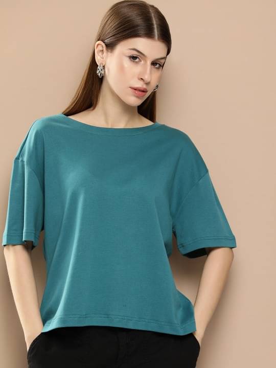Bene Kleed Women Cotton Solid Oversized Fit Round Neck T-Shirt ( Teal ) Bene Kleed Women Cotton Solid Oversized Fit Round Neck T-Shirt ( Teal )