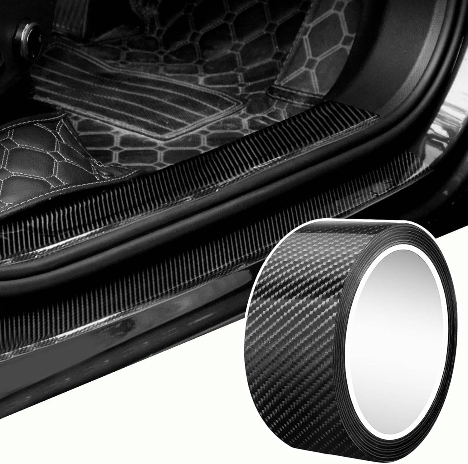 Car Sticker Carbon Fiber Rubber,Entry Guard Protector Strip Car Door Sill Protector,Bumper Door Guard Scuff Plate Protectors Tape Anti-Scratch
