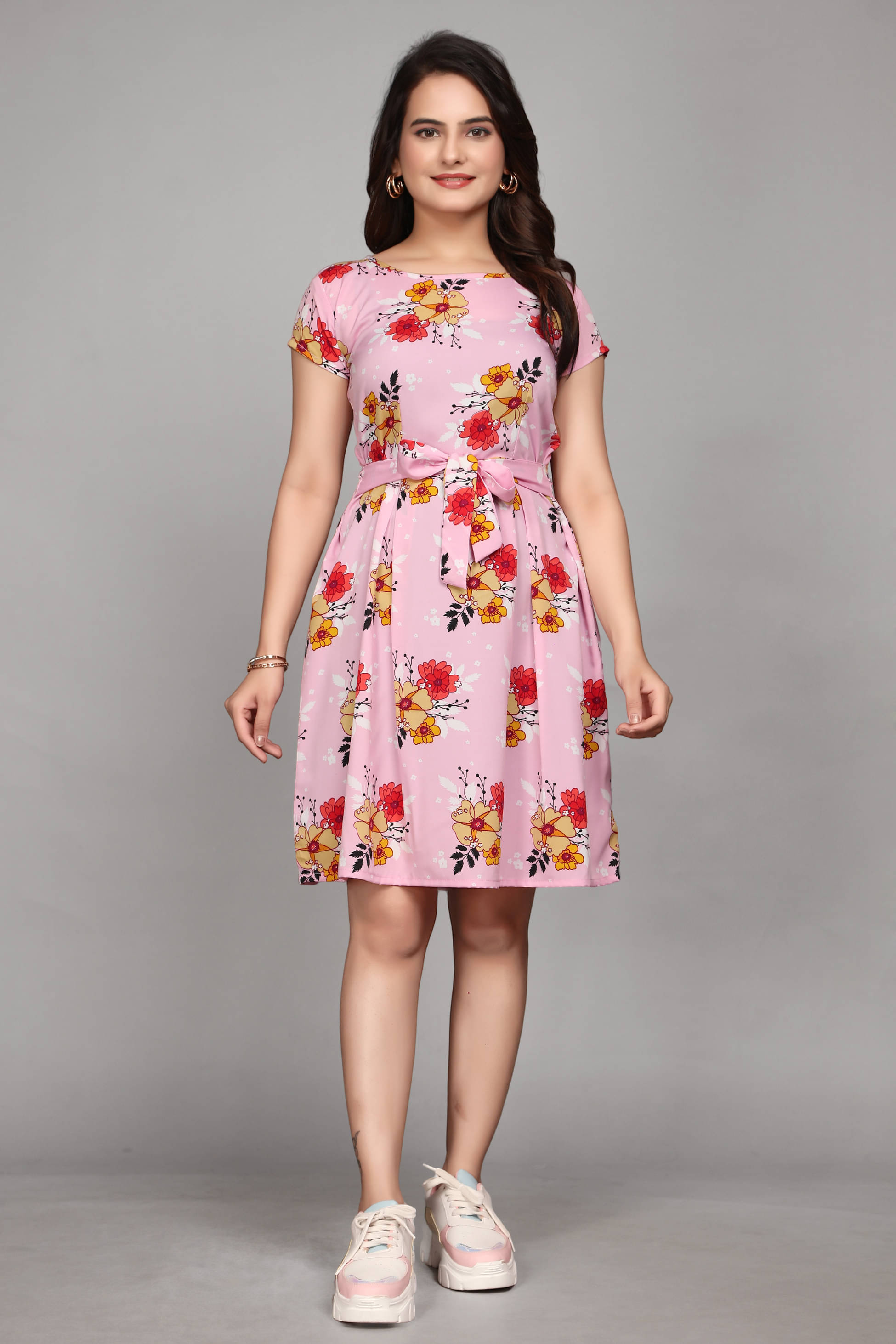     			Devakii Women Crepe Printed Fit & Flare Dress ( Pink )