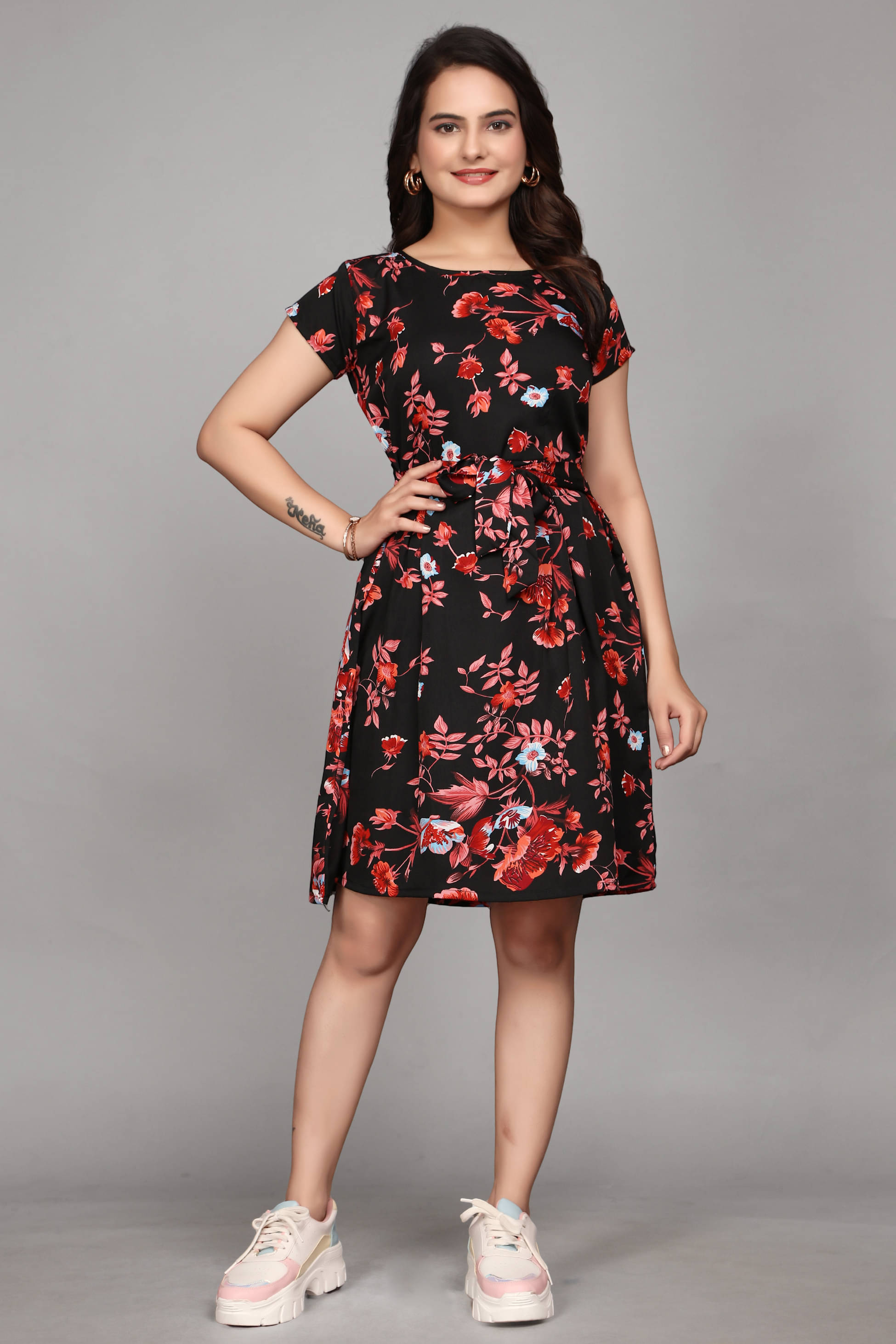 Devakii Women Crepe Printed Fit & Flare Dress ( Black ) Devakii Women Crepe Printed Fit & Flare Dress ( Black )