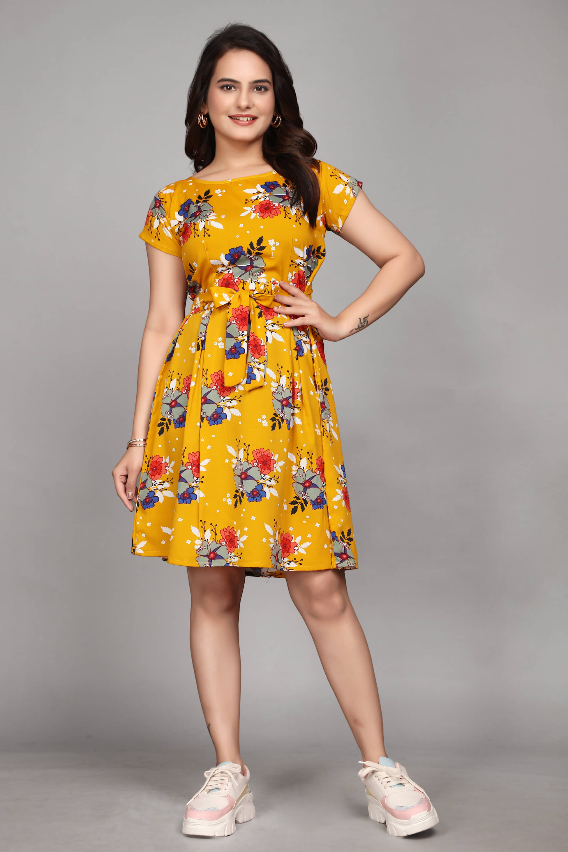 Devakii Women Crepe Printed Fit & Flare Dress ( Yellow ) Devakii Women Crepe Printed Fit & Flare Dress ( Yellow )