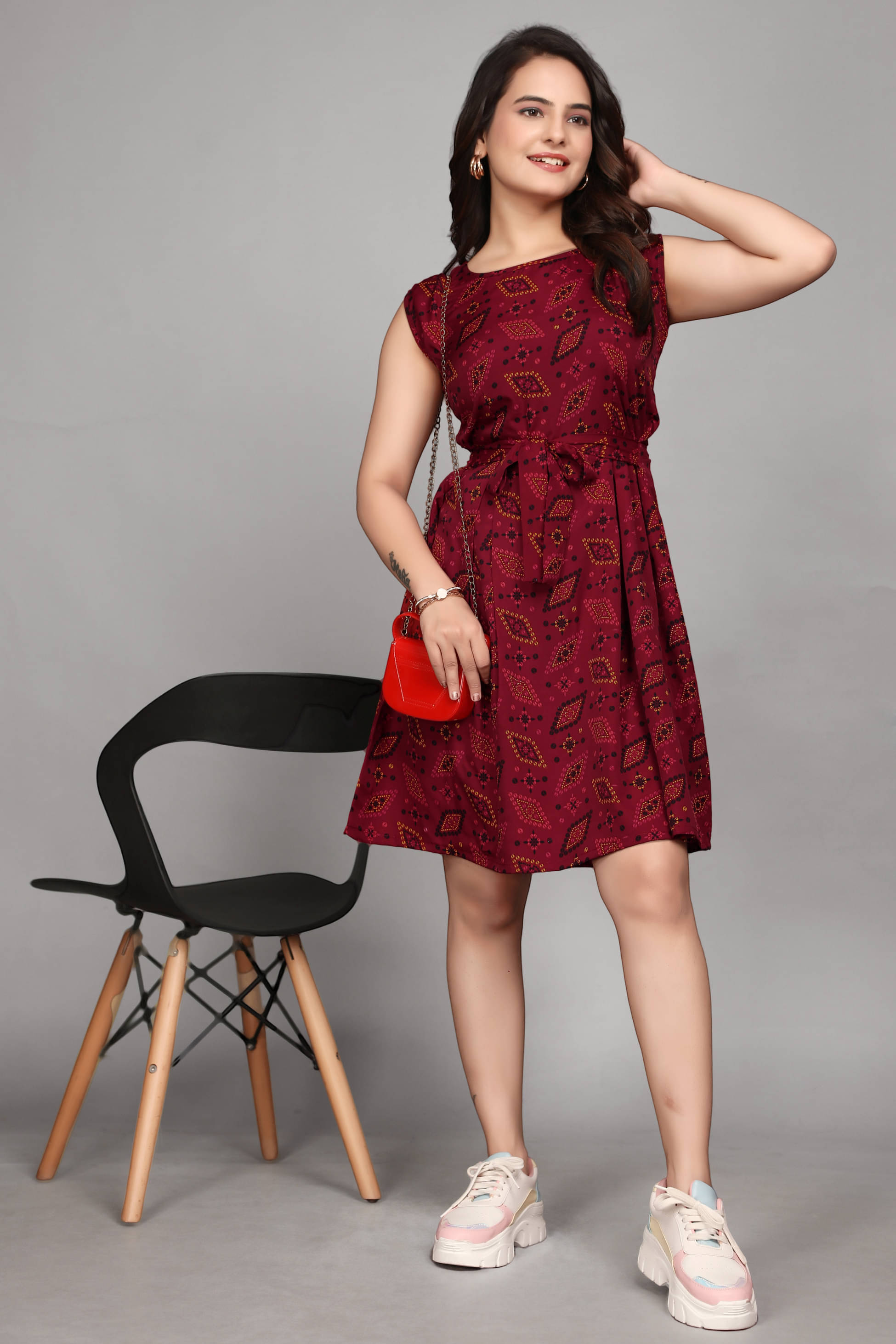     			Devakii Women Crepe Printed Fit & Flare Dress ( Maroon )