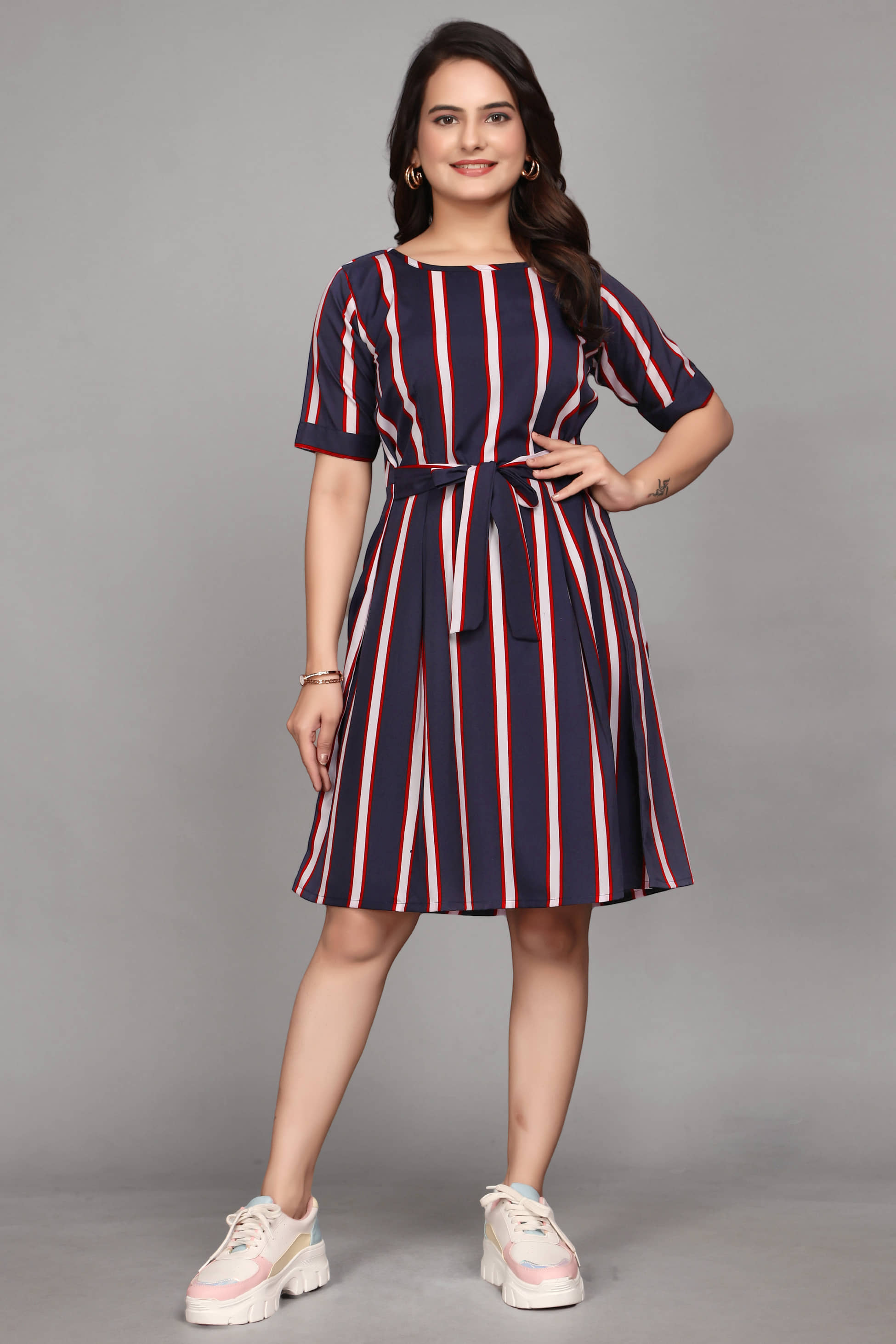 Devakii Crepe Striped Knee Length Women's Fit & Flare Dress - Blue ( Pack of 1 )