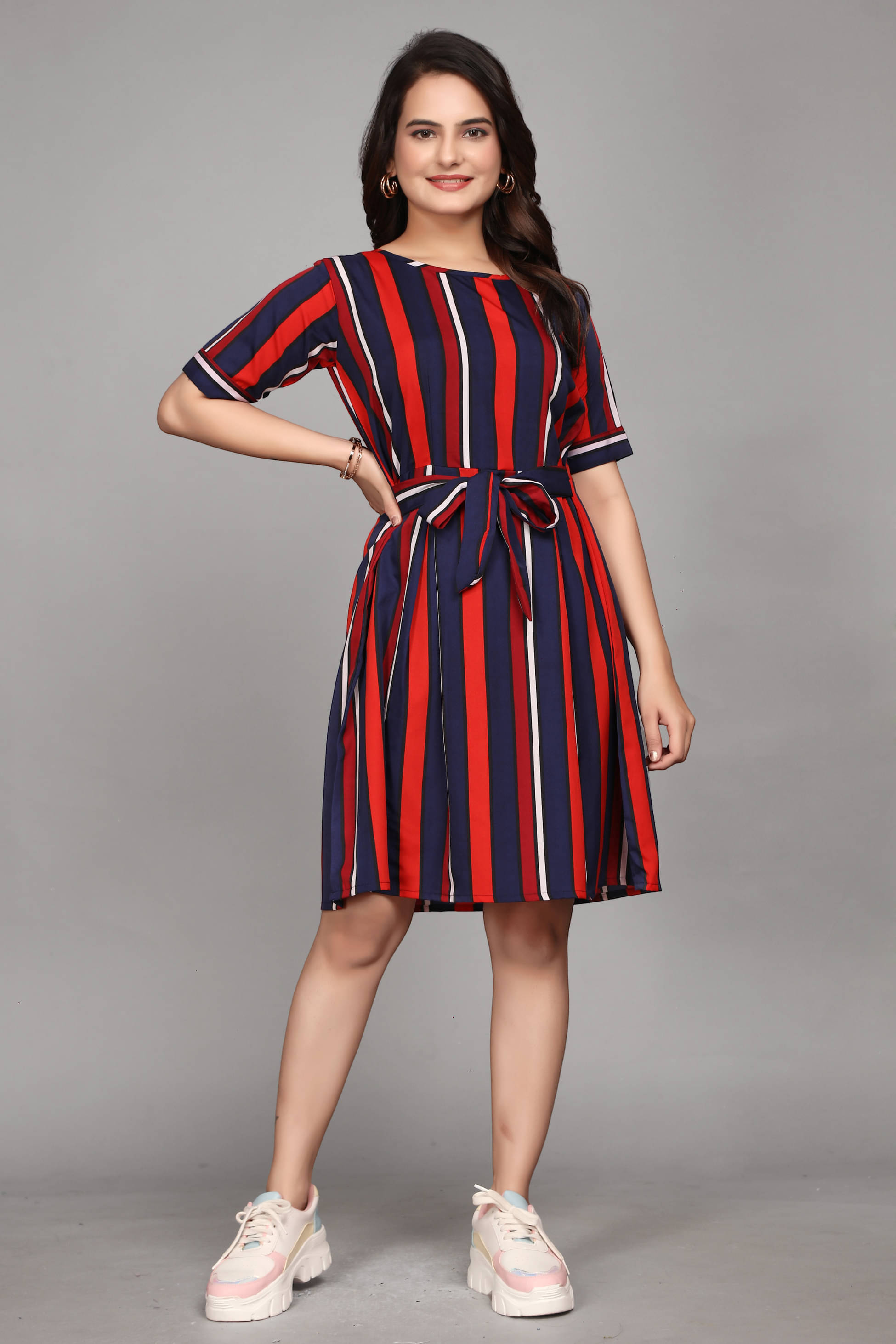 Devakii Crepe Striped Knee Length Women's Fit & Flare Dress - Navy Blue ( Pack of 1 ) Devakii Crepe Striped Knee Length Women's Fit & Flare Dress - Navy Blue ( Pack of 1 )