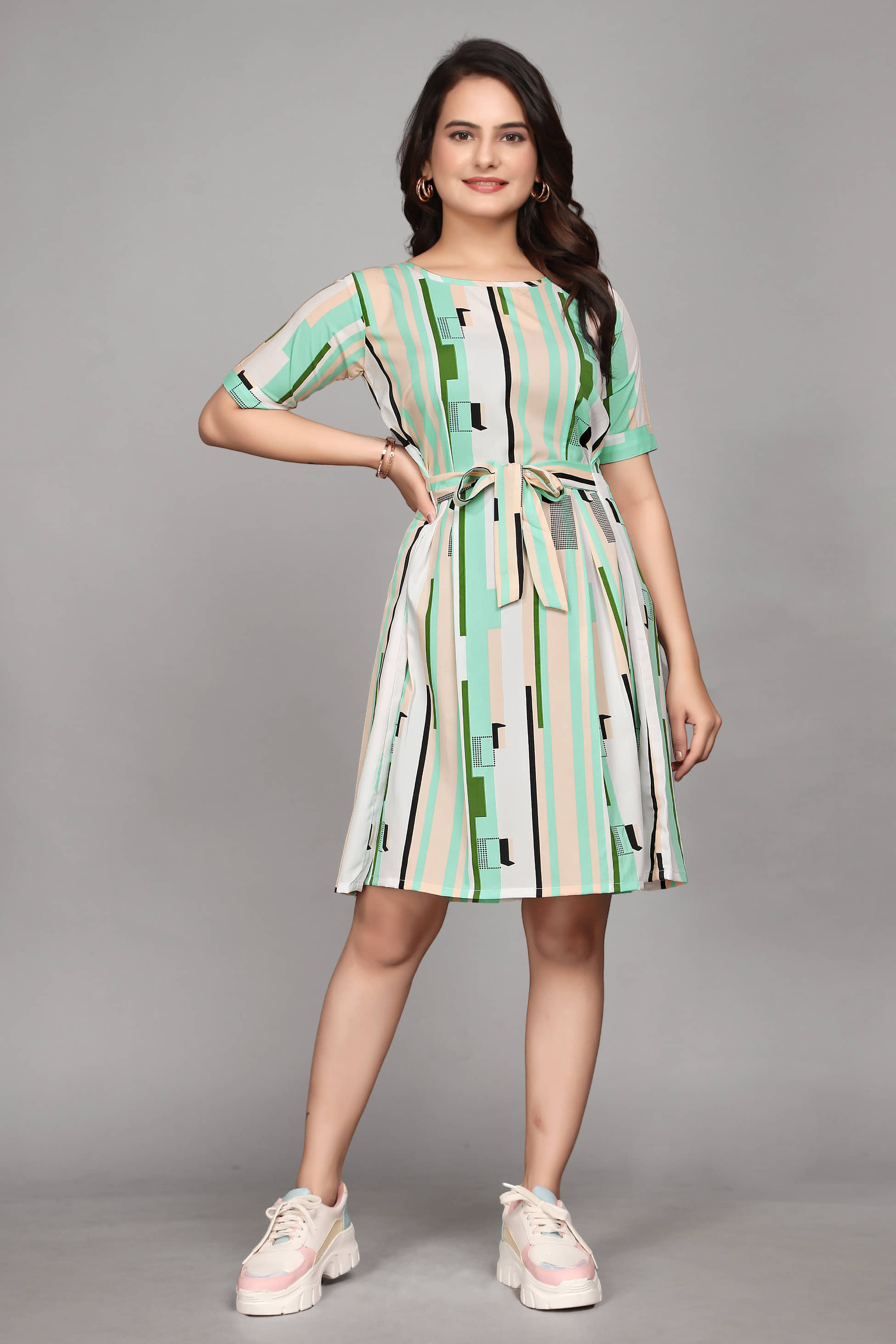 Devakii Crepe Striped Knee Length Women's Fit & Flare Dress - Red ( Pack of 1 )