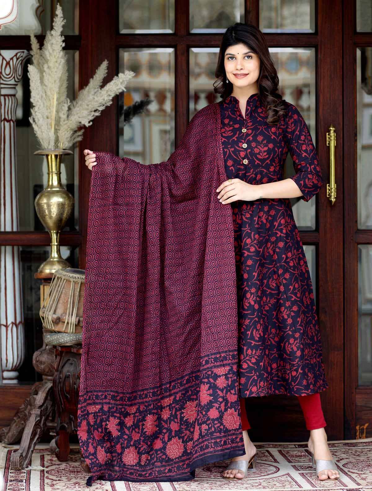 Doriyaan Pack of 1 Cotton Printed Anarkali Women's Kurti - ( Maroon ) - Kurtis, Tunics | Buy online on ZillyBuy