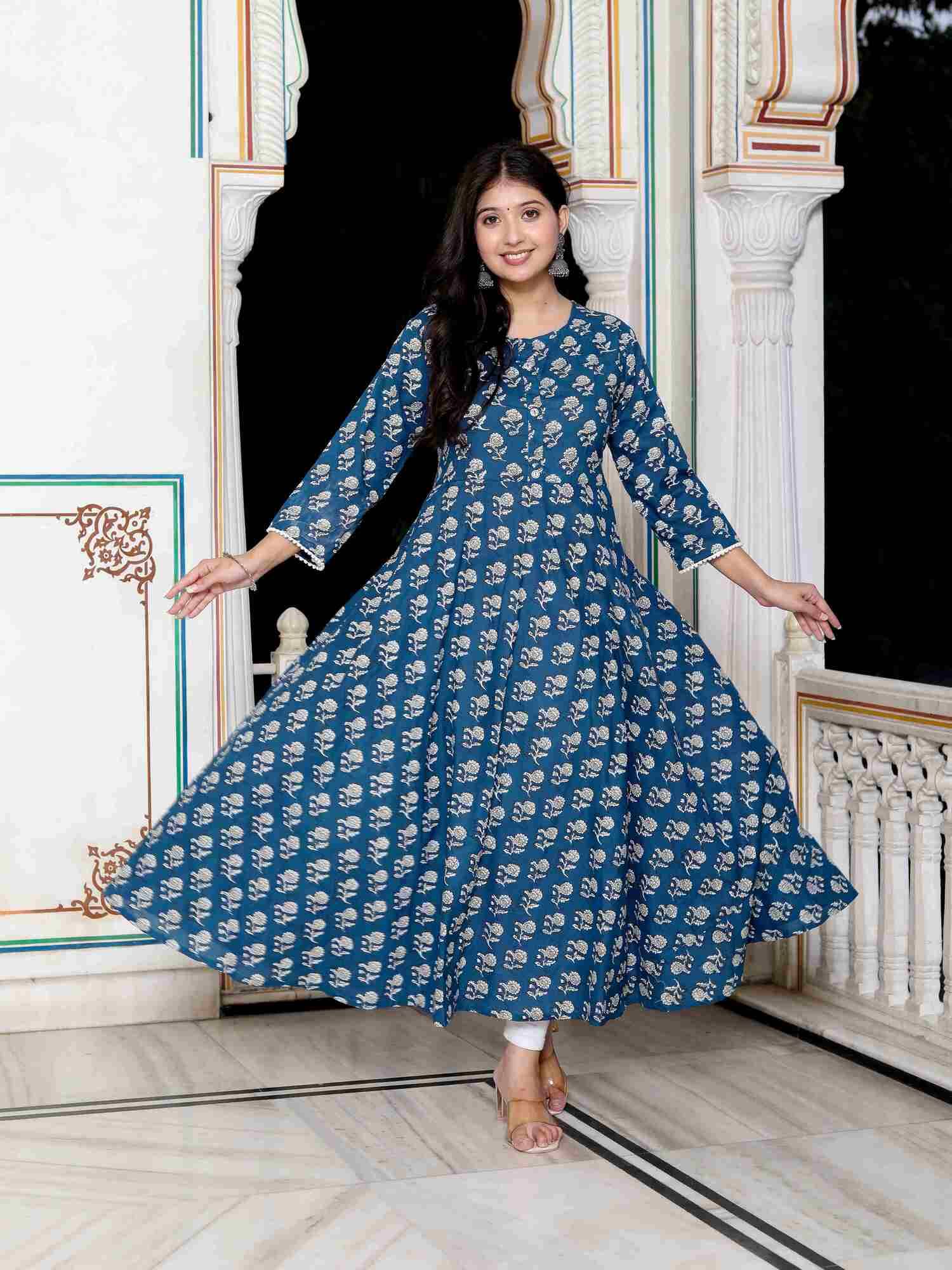 Doriyaan Pack of 1 Cotton Printed Anarkali Women's Kurti - ( Blue ) Doriyaan Pack of 1 Cotton Printed Anarkali Women's Kurti - ( Blue )