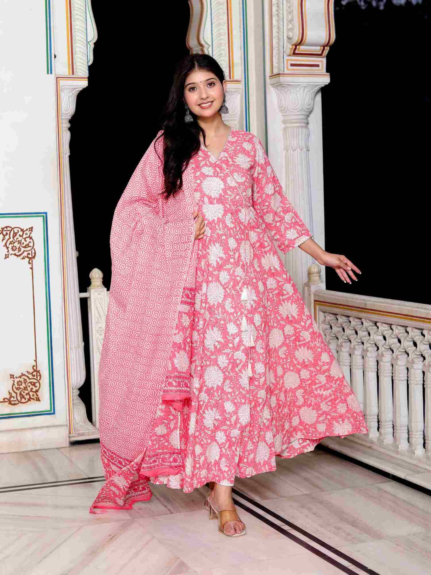Doriyaan Pack of 1 Cotton Printed Angrakha Women's Kurti - ( Pink ) Doriyaan Pack of 1 Cotton Printed Angrakha Women's Kurti - ( Pink )