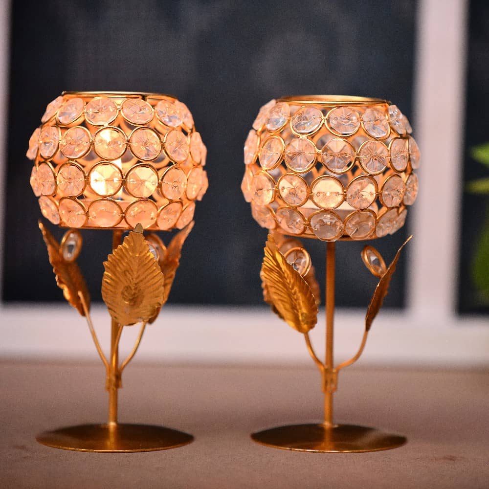Fashion Bizz Crystal Flower Double Gold Floral Tealight Holder Set