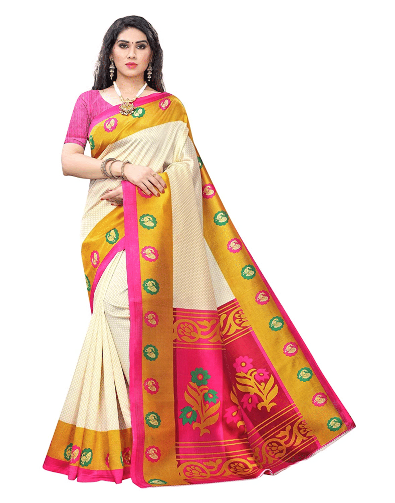     			Grubstaker Art Silk Woven Saree With Unstitched Blouse Piece ( White )