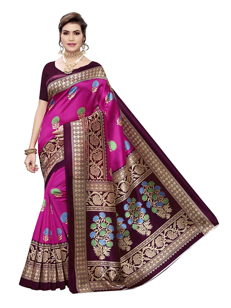     			Grubstaker Art Silk Printed Saree With Unstitched Blouse Piece ( Pink )