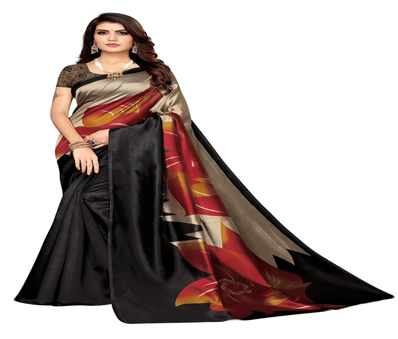     			Grubstaker Art Silk Printed Saree With Unstitched Blouse Piece ( Black )