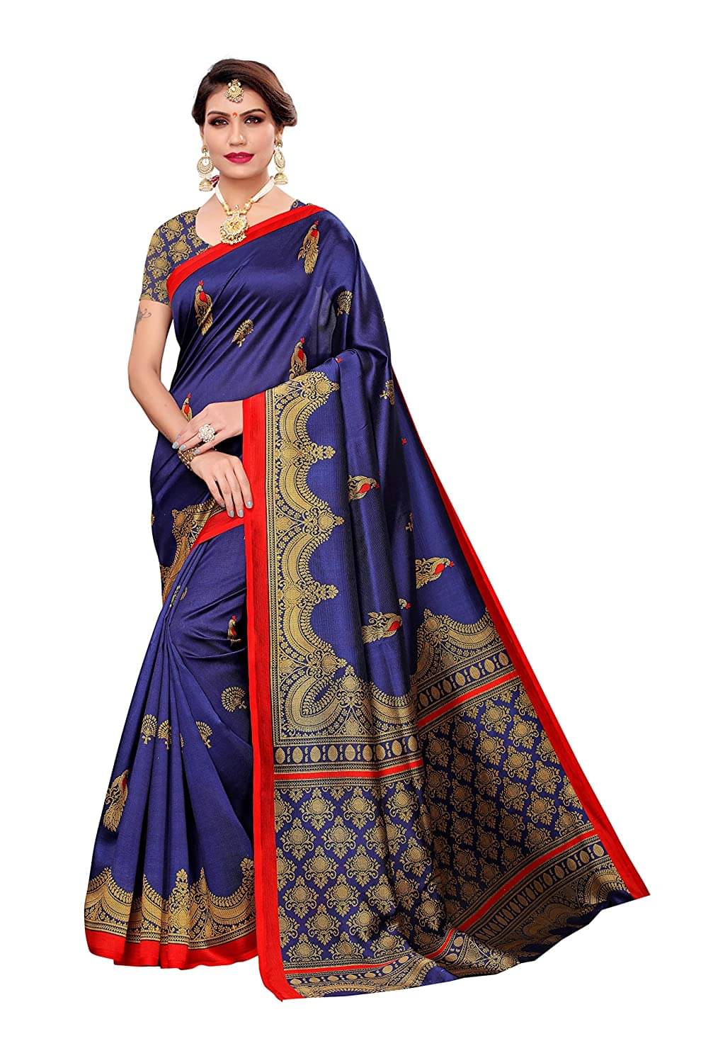 Grubstaker Art Silk Printed Saree With Unstitched Blouse Piece ( Blue )     			Grubstaker Art Silk Printed Saree With Unstitched Blouse Piece ( Blue )