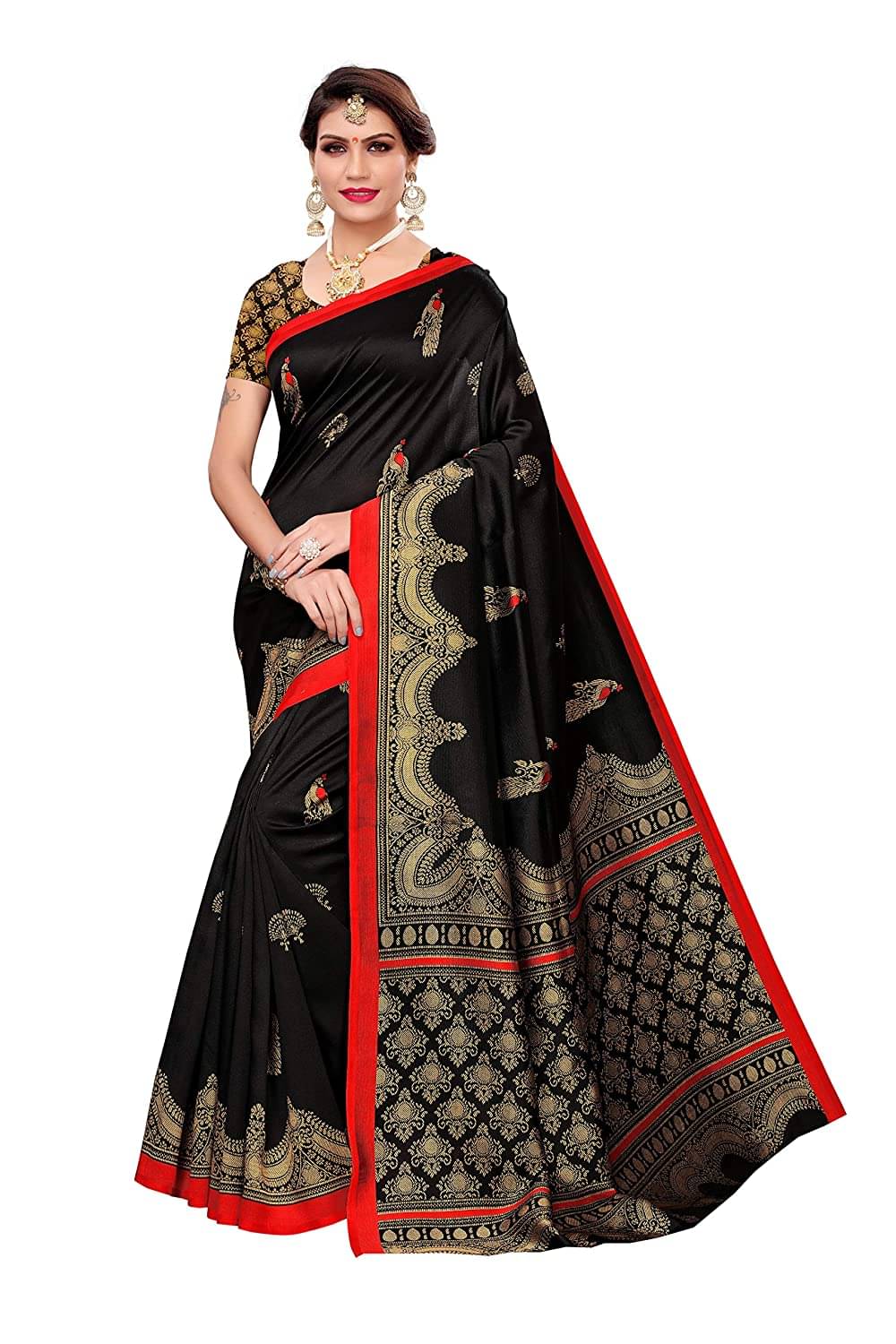     			Grubstaker Art Silk Printed Saree With Unstitched Blouse Piece ( Black )