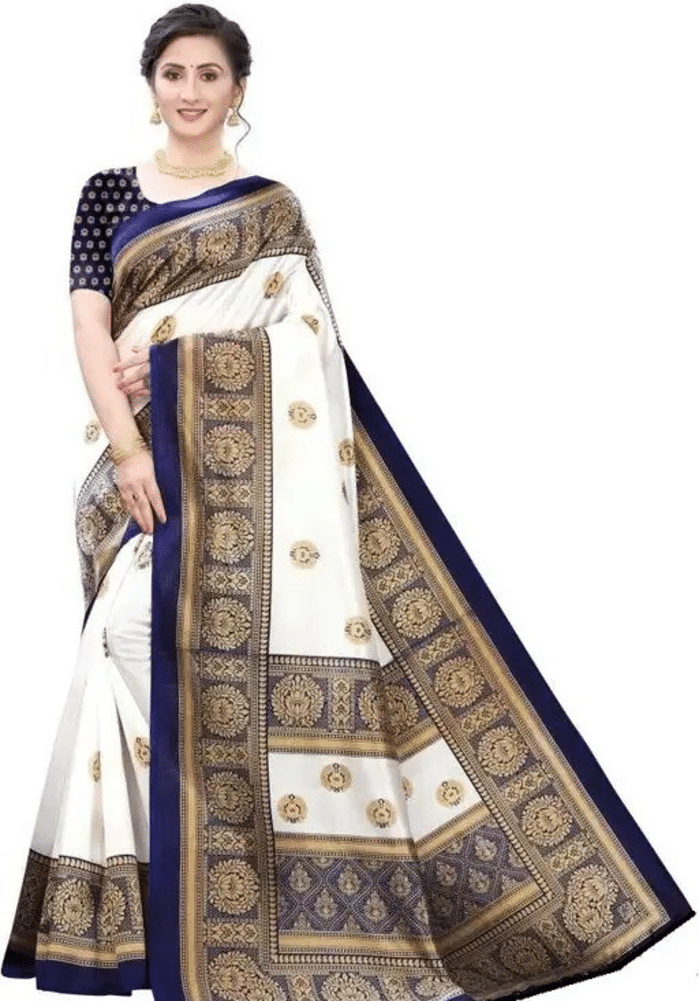 Grubstaker Art Silk Printed Saree With Unstitched Blouse Piece ( White,Blue ) Grubstaker Art Silk Printed Saree With Unstitched Blouse Piece ( White,Blue )