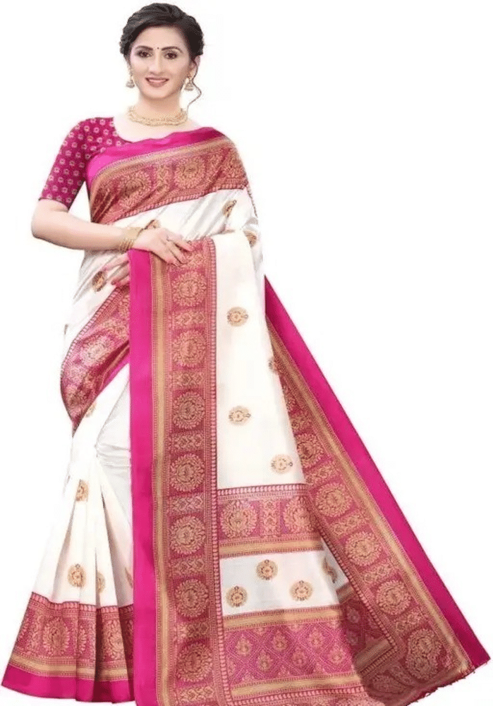Grubstaker Art Silk Printed Saree With Unstitched Blouse Piece ( White,Pink ) Grubstaker Art Silk Printed Saree With Unstitched Blouse Piece ( White,Pink )