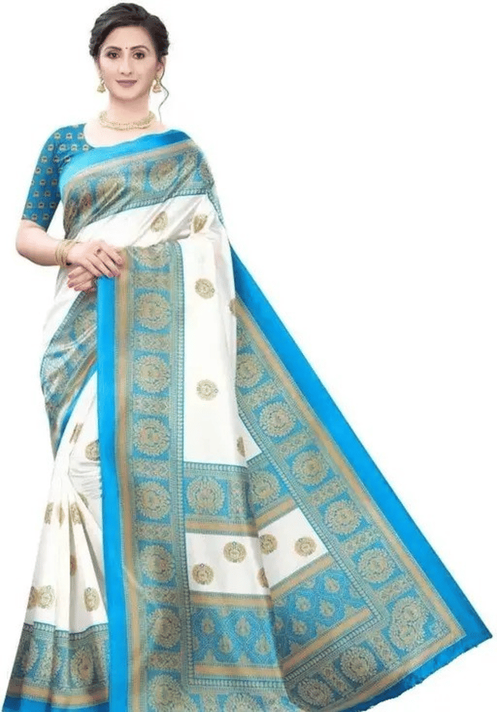 Grubstaker Art Silk Printed Saree With Unstitched Blouse Piece ( White,SkyBlue ) Grubstaker Art Silk Printed Saree With Unstitched Blouse Piece ( White,SkyBlue )