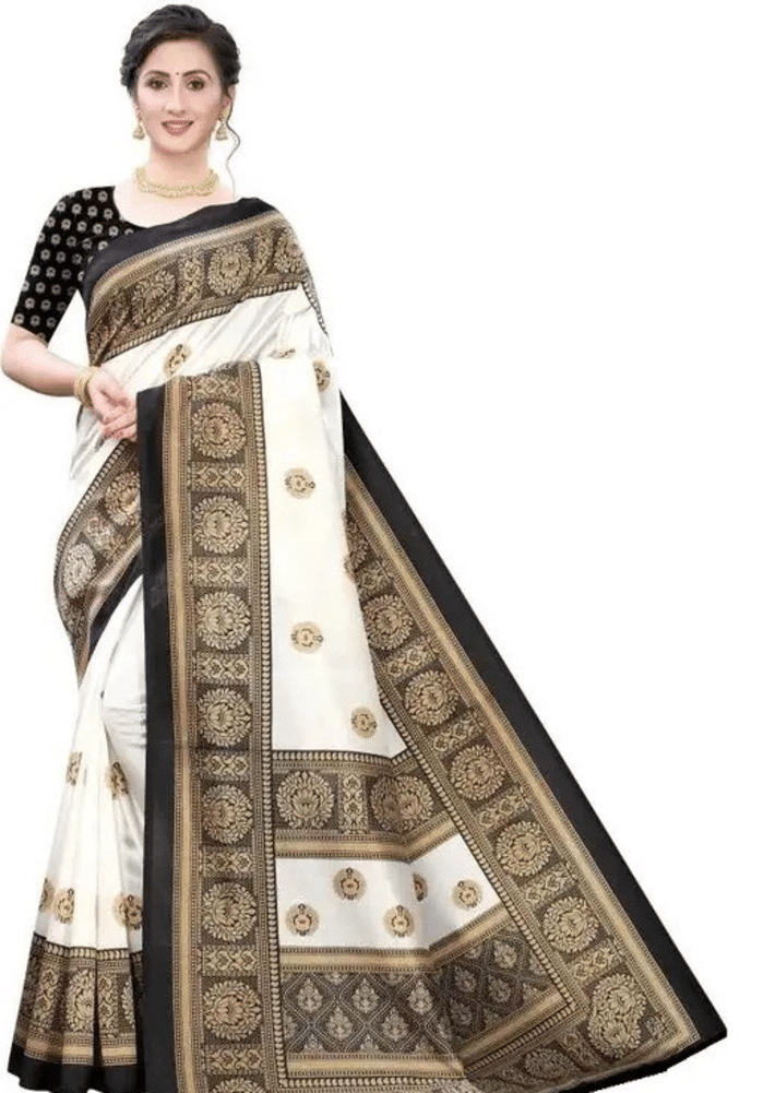 Grubstaker Art Silk Printed Saree With Unstitched Blouse Piece ( White,Black ) Grubstaker Art Silk Printed Saree With Unstitched Blouse Piece ( White,Black )