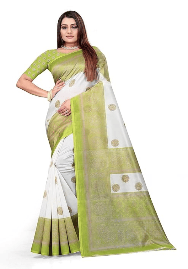     			Grubstaker Art Silk Embellished Saree With Unstitched Blouse Piece ( White,Green )