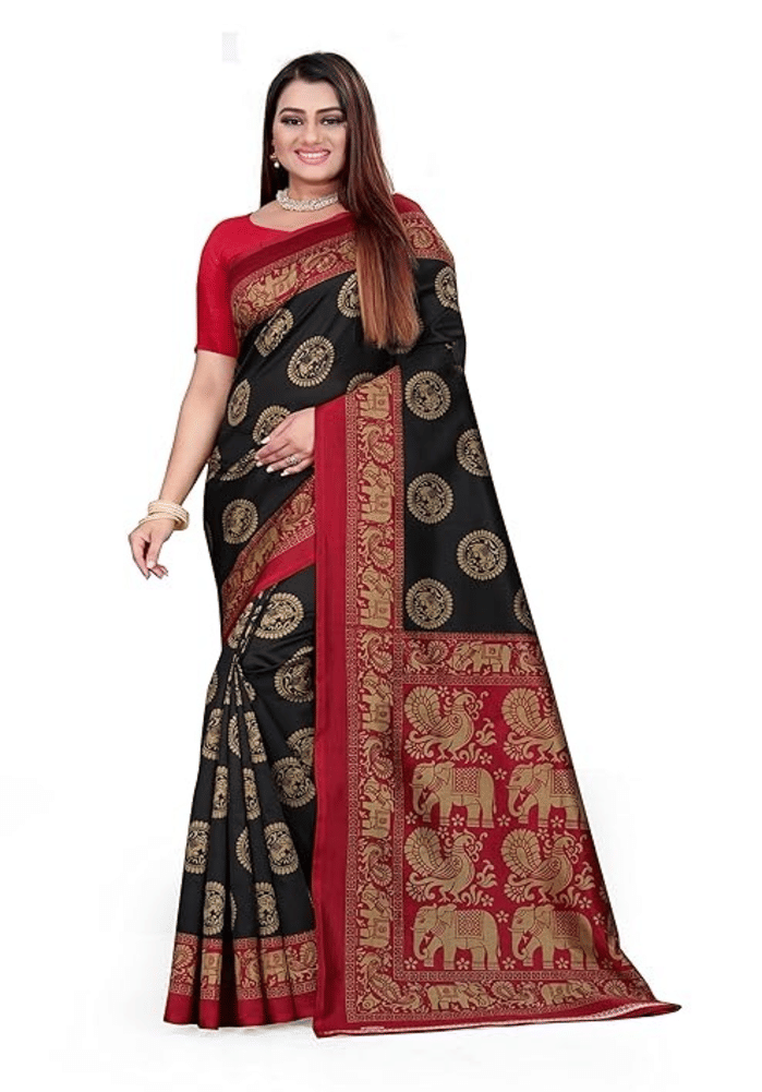     			Grubstaker Art Silk Printed Saree With Unstitched Blouse Piece ( Black )