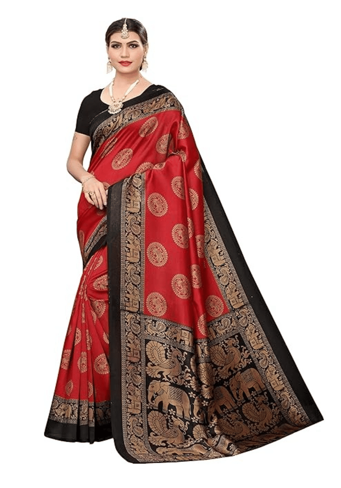     			Grubstaker Art Silk Printed Saree With Unstitched Blouse Piece ( Red )