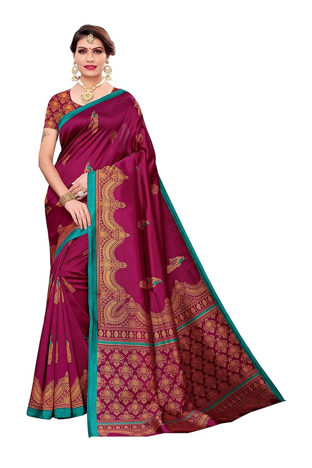 Grubstaker Art Silk Printed Saree With Unstitched Blouse Piece ( Wine ) Grubstaker Art Silk Printed Saree With Unstitched Blouse Piece ( Wine )