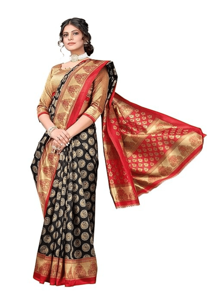 Grubstaker Art Silk Printed Saree With Unstitched Blouse Piece ( Black ) Grubstaker Art Silk Printed Saree With Unstitched Blouse Piece ( Black )