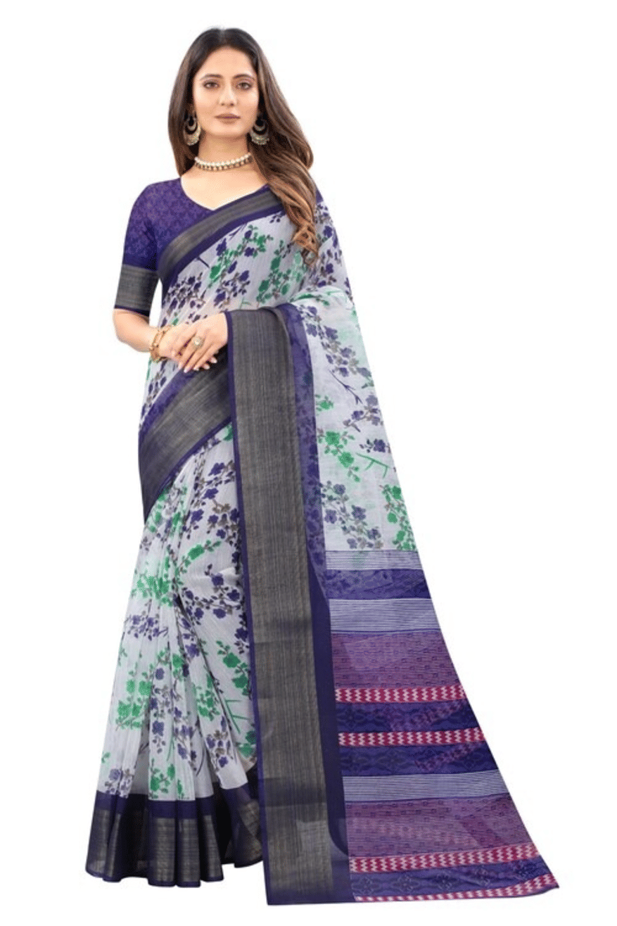 Grubstaker Cotton Blend Printed Saree With Unstitched Blouse Piece ( Blue )     			Grubstaker Cotton Blend Printed Saree With Unstitched Blouse Piece ( Blue )