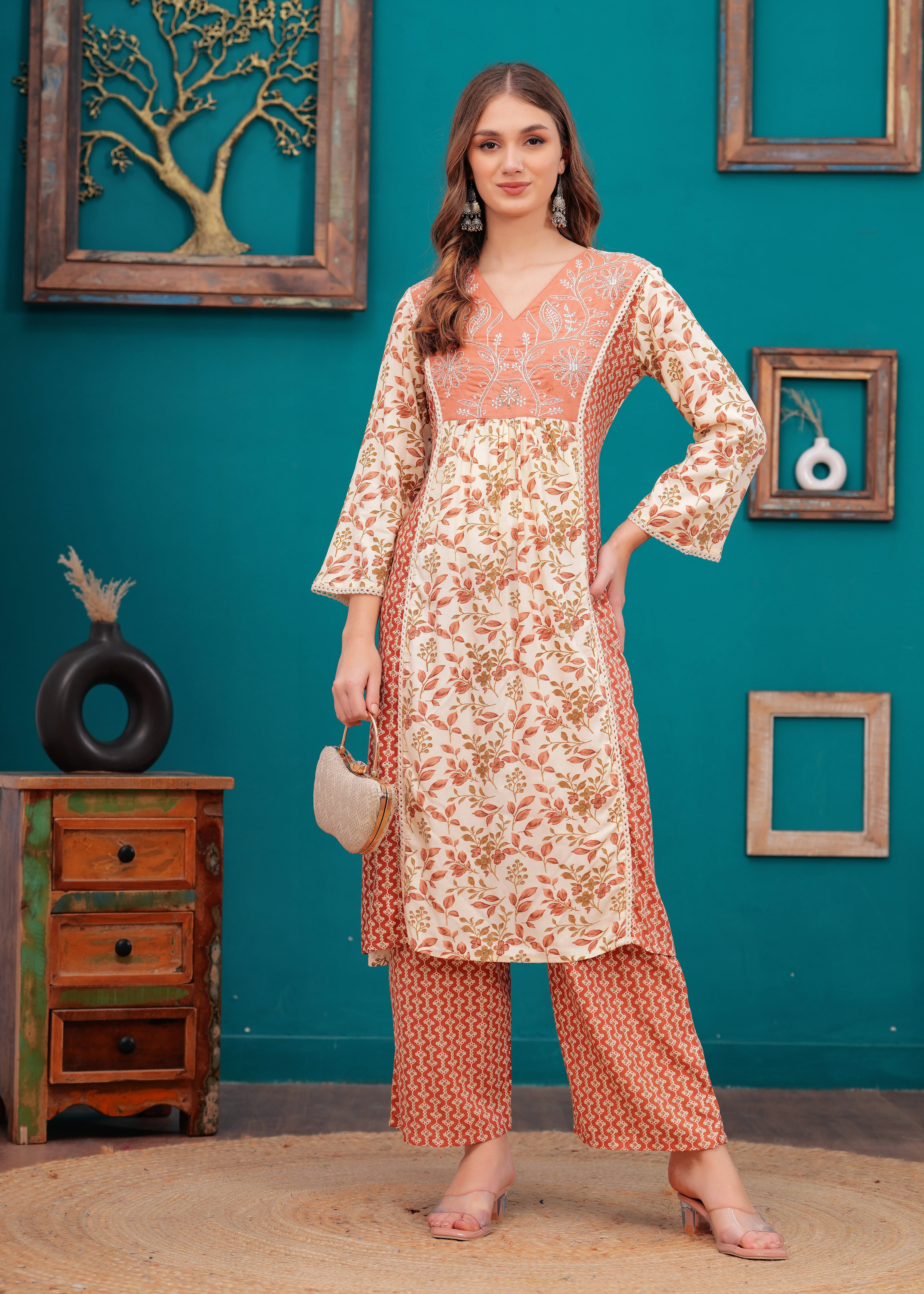     			HIGHLIGHT FASHION EXPORT Rayon Printed Kurti With Pants Women's Stitched Salwar Suit - Rust ( Pack of 1 )