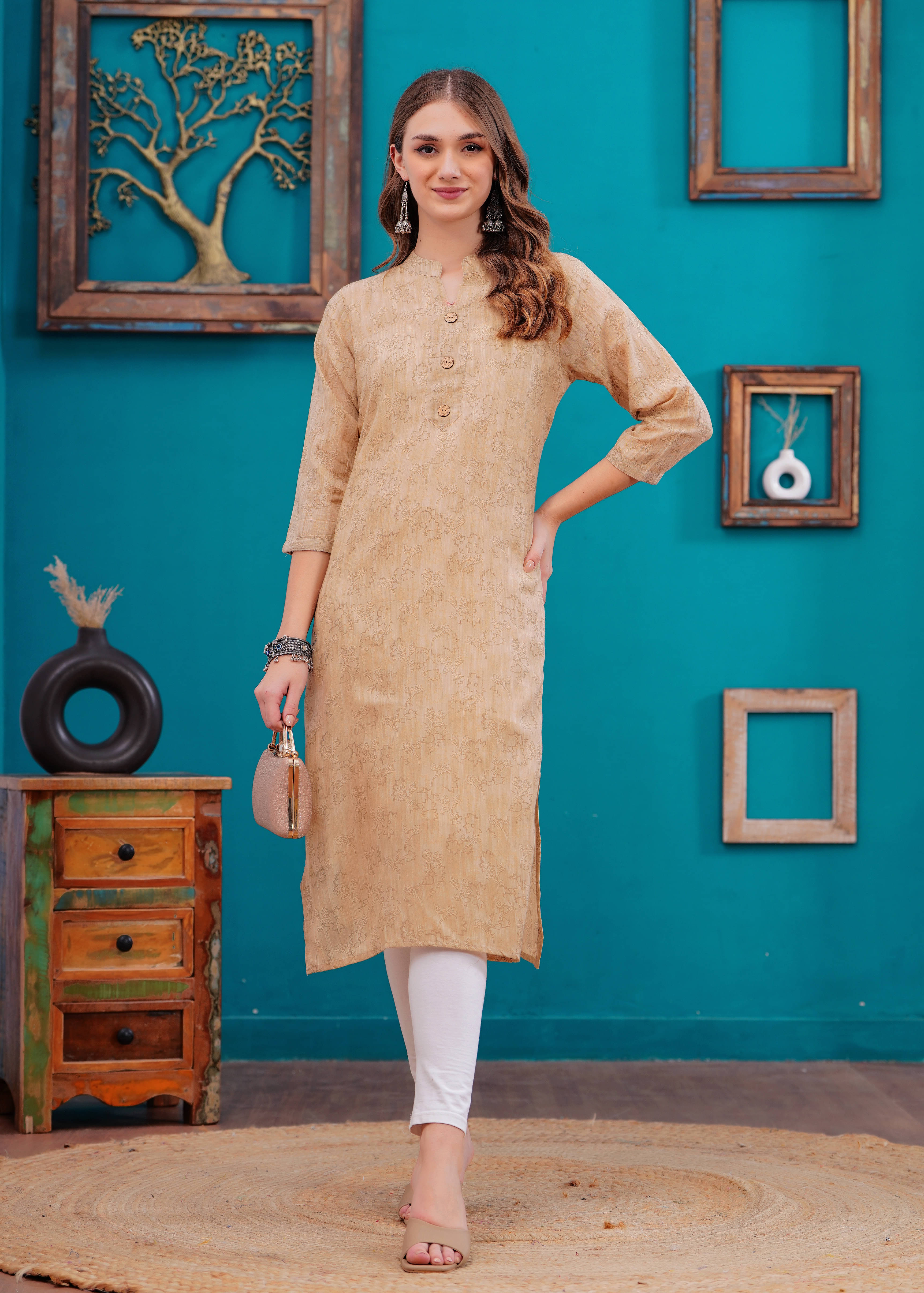     			JAI SHIVAM TRADERS Pack of 1 Cotton Printed Straight Women's Kurti - ( Beige )