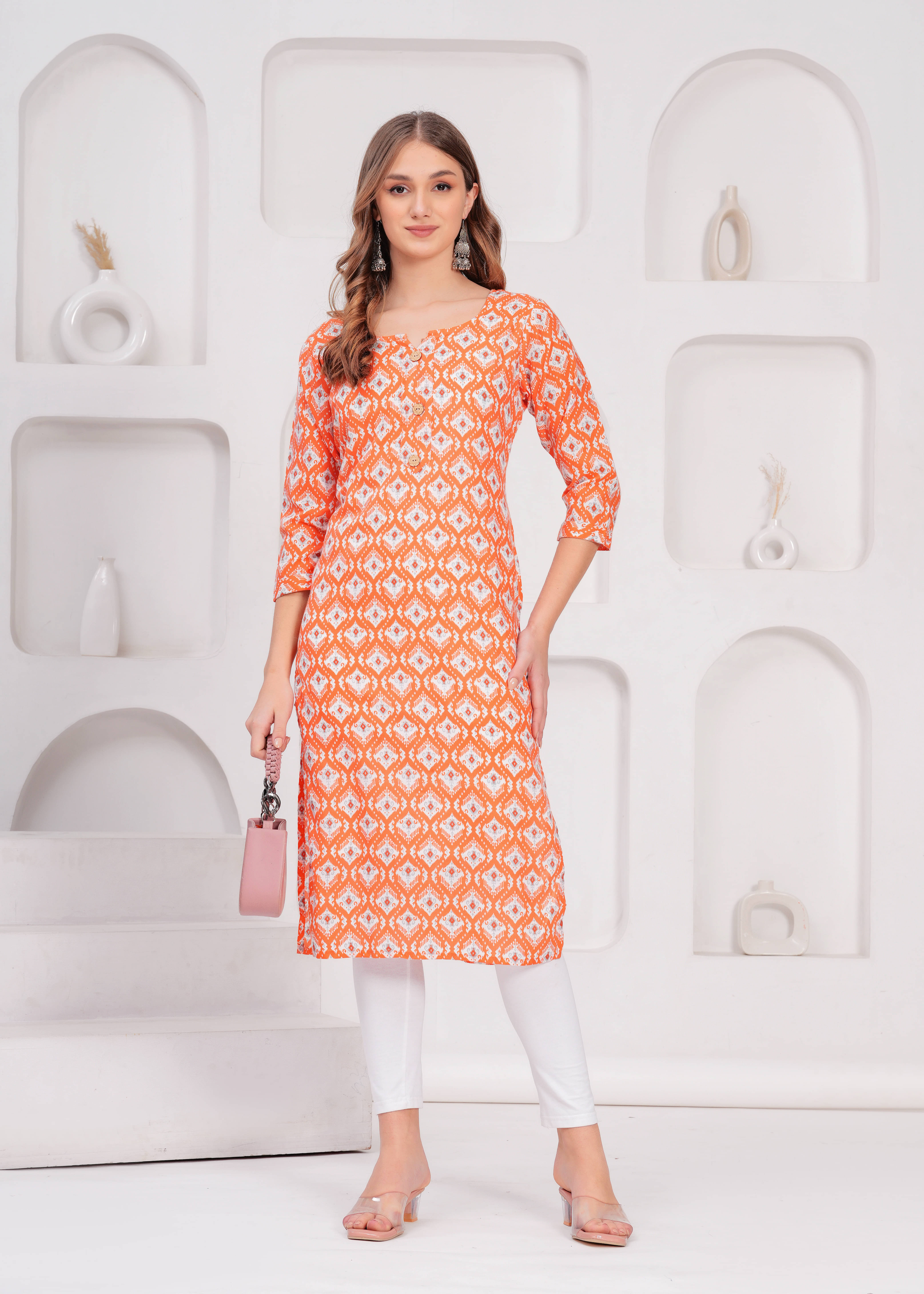 JAI SHIVAM TRADERS Pack of 1 Cotton Printed Straight Women's Kurti - ( Orange )     			JAI SHIVAM TRADERS Pack of 1 Cotton Printed Straight Women's Kurti - ( Orange )