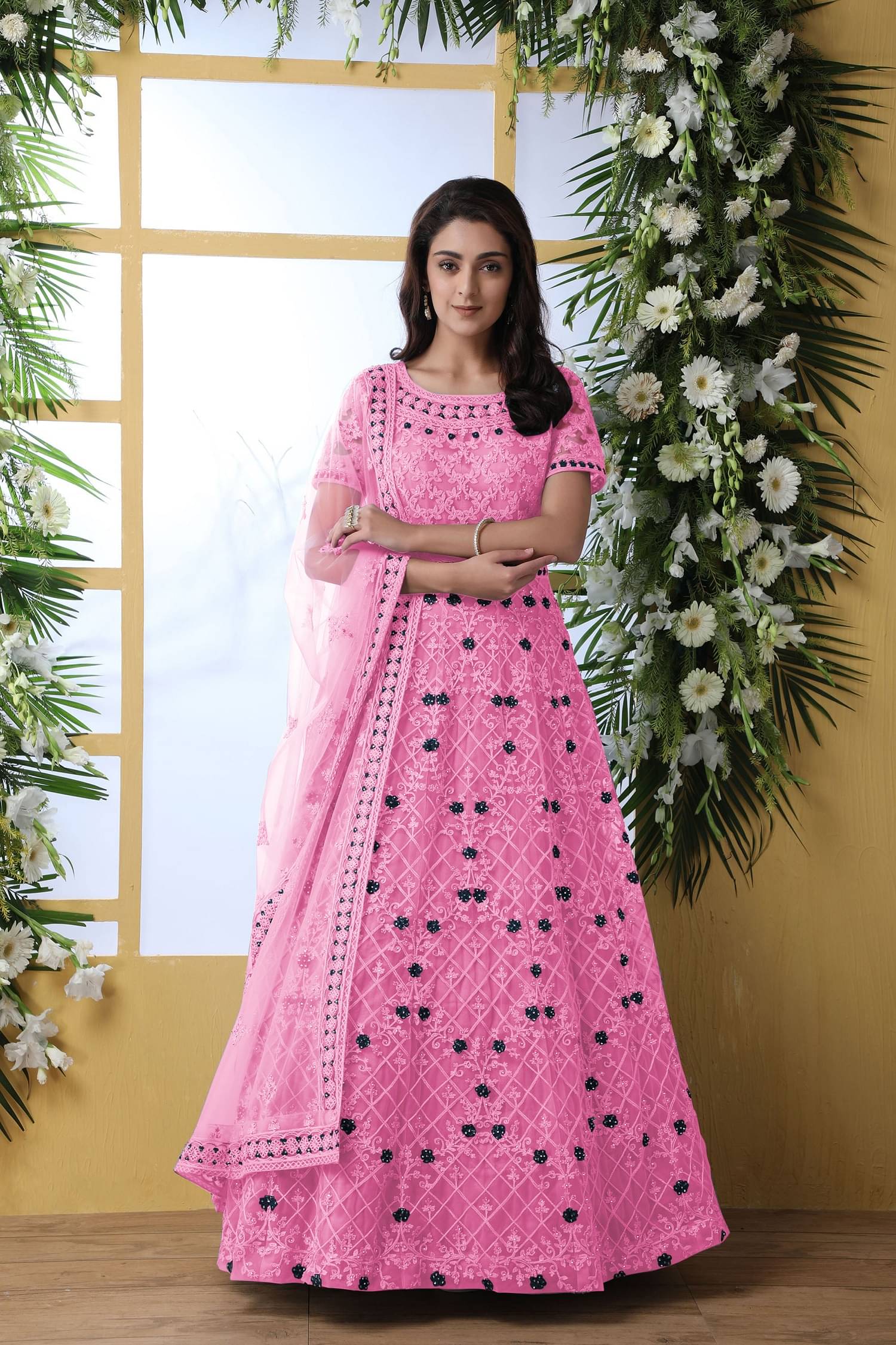 JULEE Pink A-line Net Women's Semi Stitched Ethnic Gown ( Pack of 1 ) JULEE Pink A-line Net Women's Semi Stitched Ethnic Gown ( Pack of 1 )