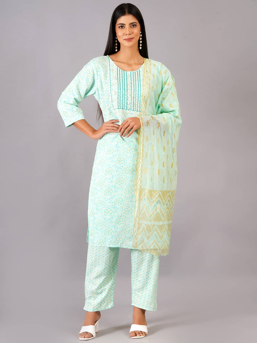     			Jyoti Rayon Printed Kurti With Pants Women's Stitched Salwar Suit - Sea Green ( Pack of 1 )