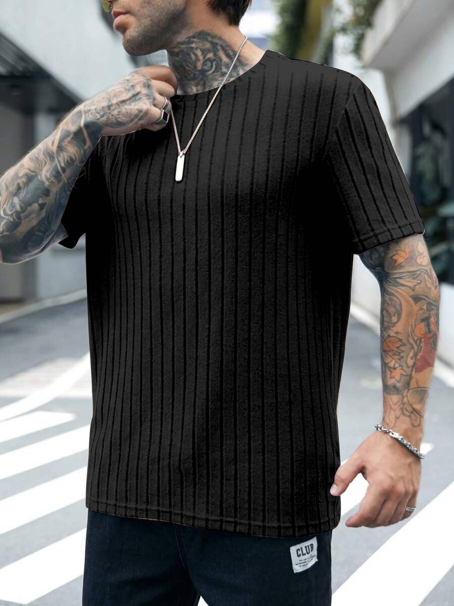 KAJARU Polyester Regular Fit Striped Half Sleeves Men's Round T-Shirt - Black ( Pack of 1 )     			KAJARU Polyester Regular Fit Striped Half Sleeves Men's Round T-Shirt - Black ( Pack of 1 )