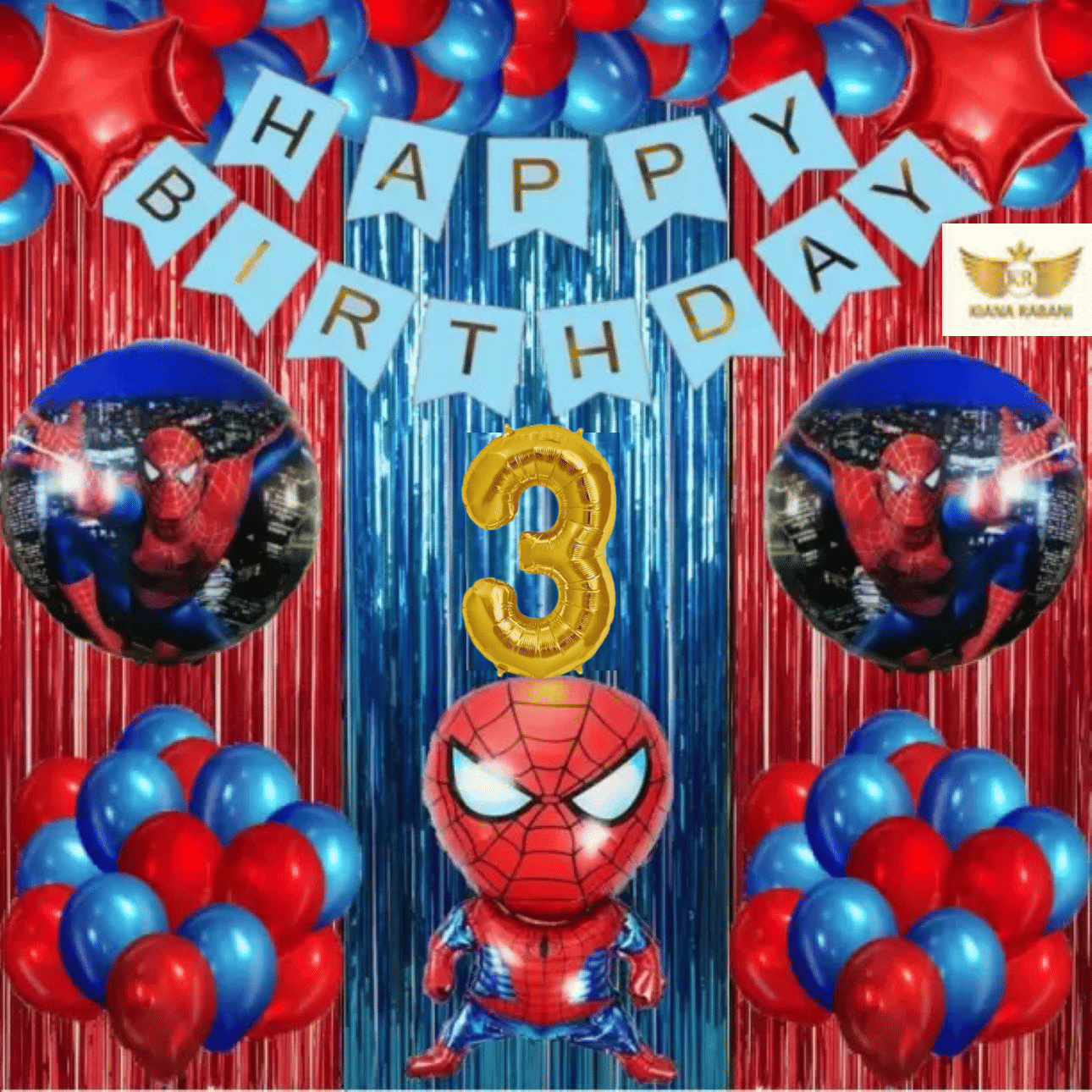     			KR 3RD HAPPY BIRTHDAY PARTY ( CELEBRATION ) DECORATION WITH HAPPY BIRTHDAY BLUE BANNER, 15 RED 15 BLUE BALLOON, 1 SPIDERMAN, 2 RUOND FOIL BALLOON, 2 STAR, 2 RED 1 BLUE CURTAIN 1 ARCH 3 NO GOLD FOIL BALLOON