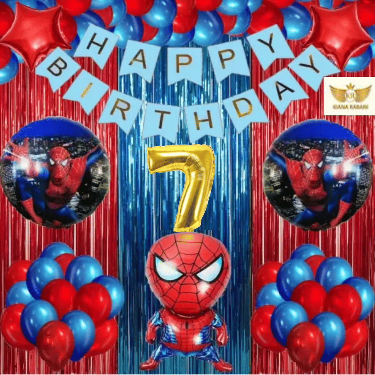     			KR 7TH HAPPY BIRTHDAY PARTY ( CELEBRATION ) DECORATION WITH HAPPY BIRTHDAY BLUE BANNER, 15 RED 15 BLUE BALLOON, 1 SPIDERMAN, 2 RUOND FOIL BALLOON, 2 STAR, 2 RED 1 BLUE CURTAIN 1 ARCH 7 NO GOLD FOIL BALLOON