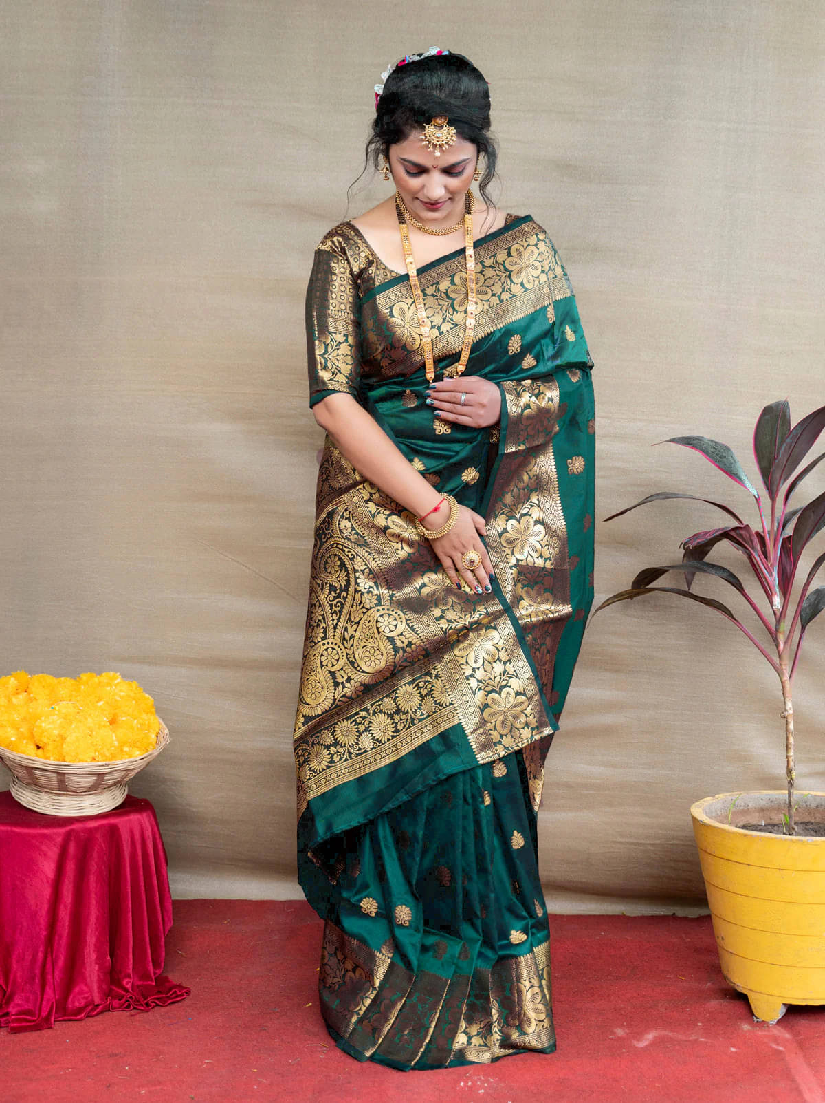 KanjiQueen Silk Self Design Saree With Unstitched Blouse Piece ( Rama ) KanjiQueen Silk Self Design Saree With Unstitched Blouse Piece ( Rama )