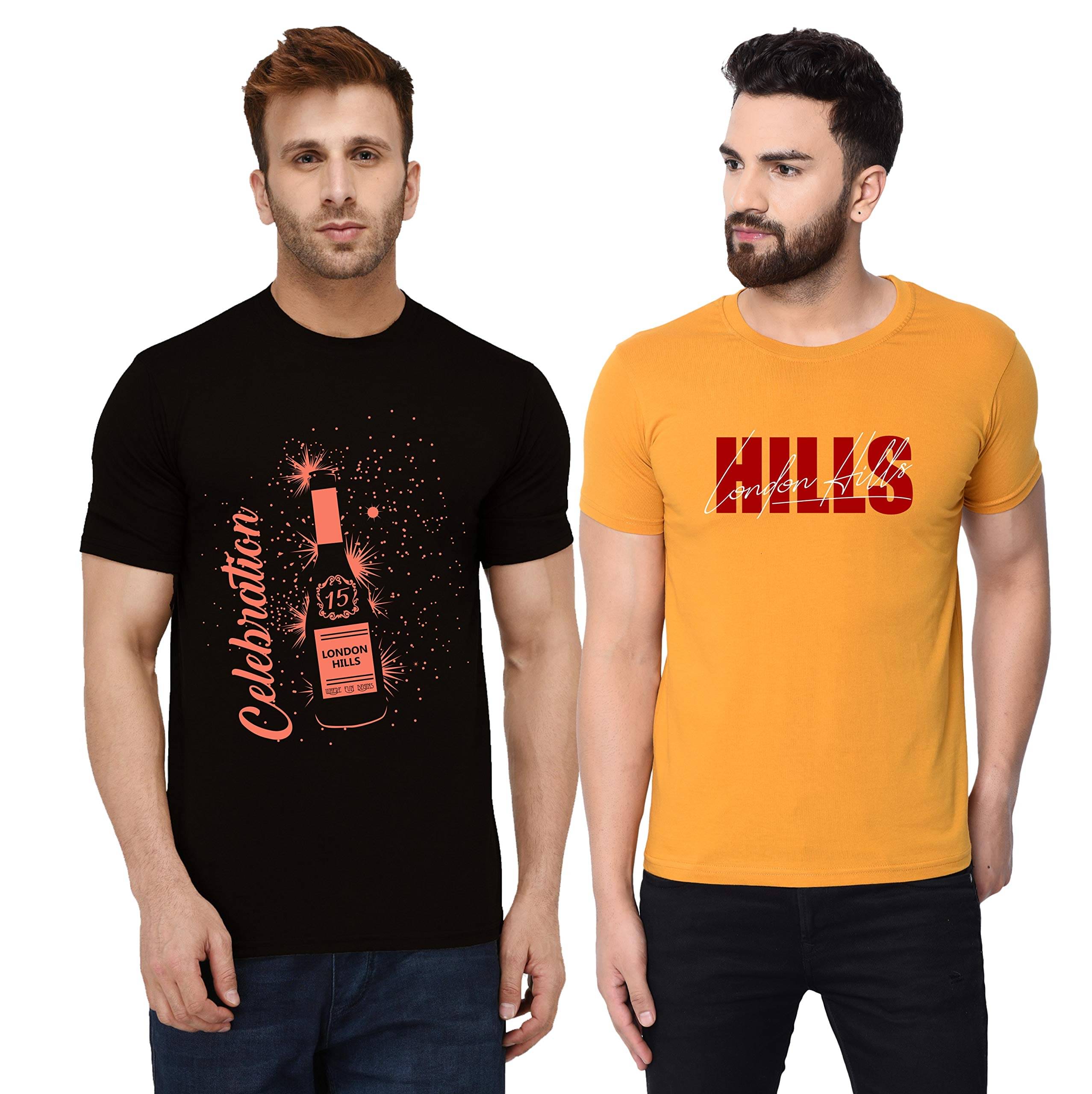     			LONDON HILLS Cotton Blend Regular Fit Printed Half Sleeves Men's Round T-Shirt - Black ( Pack of 2 )
