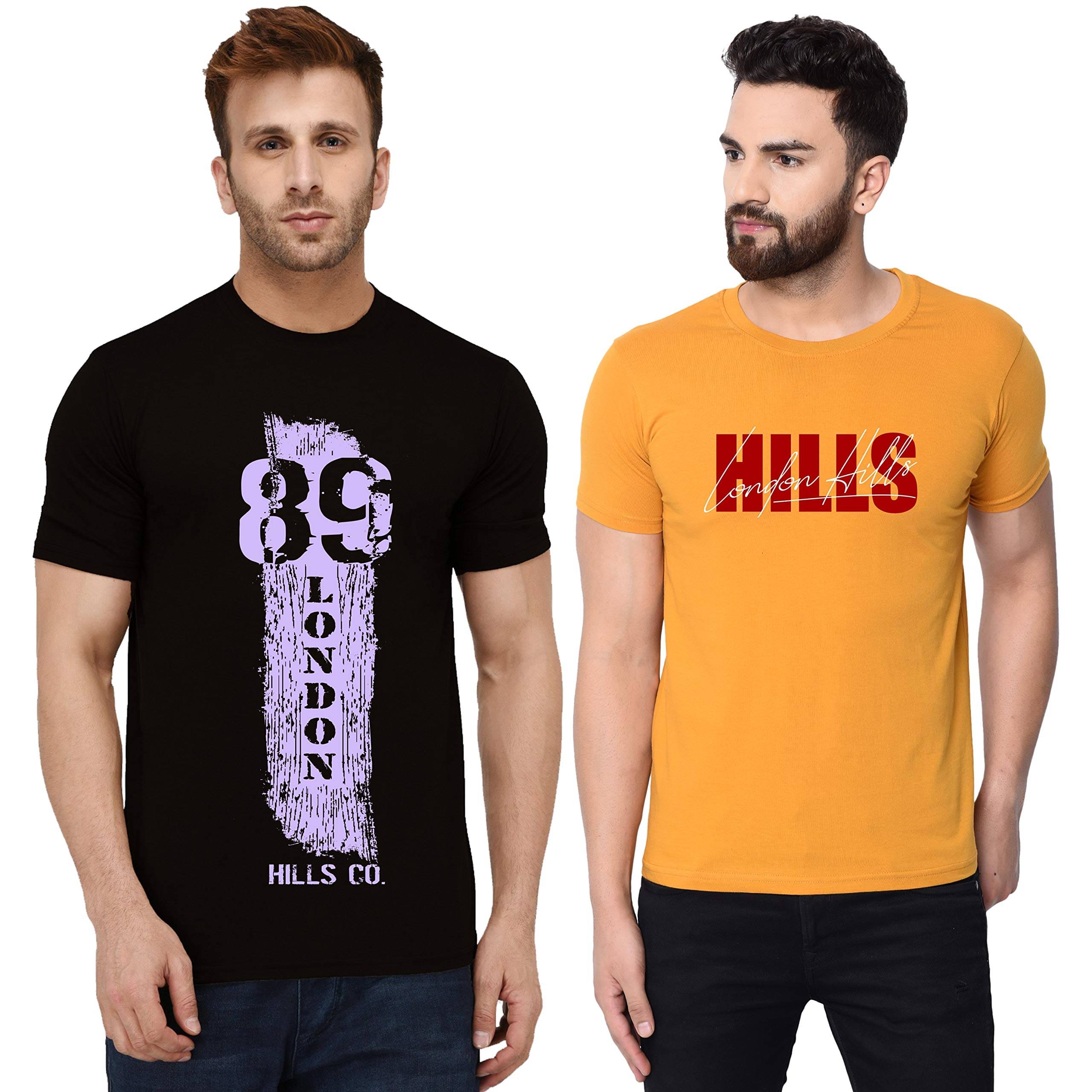     			LONDON HILLS Cotton Blend Regular Fit Printed Half Sleeves Men's Round T-Shirt - Mustard ( Pack of 2 )