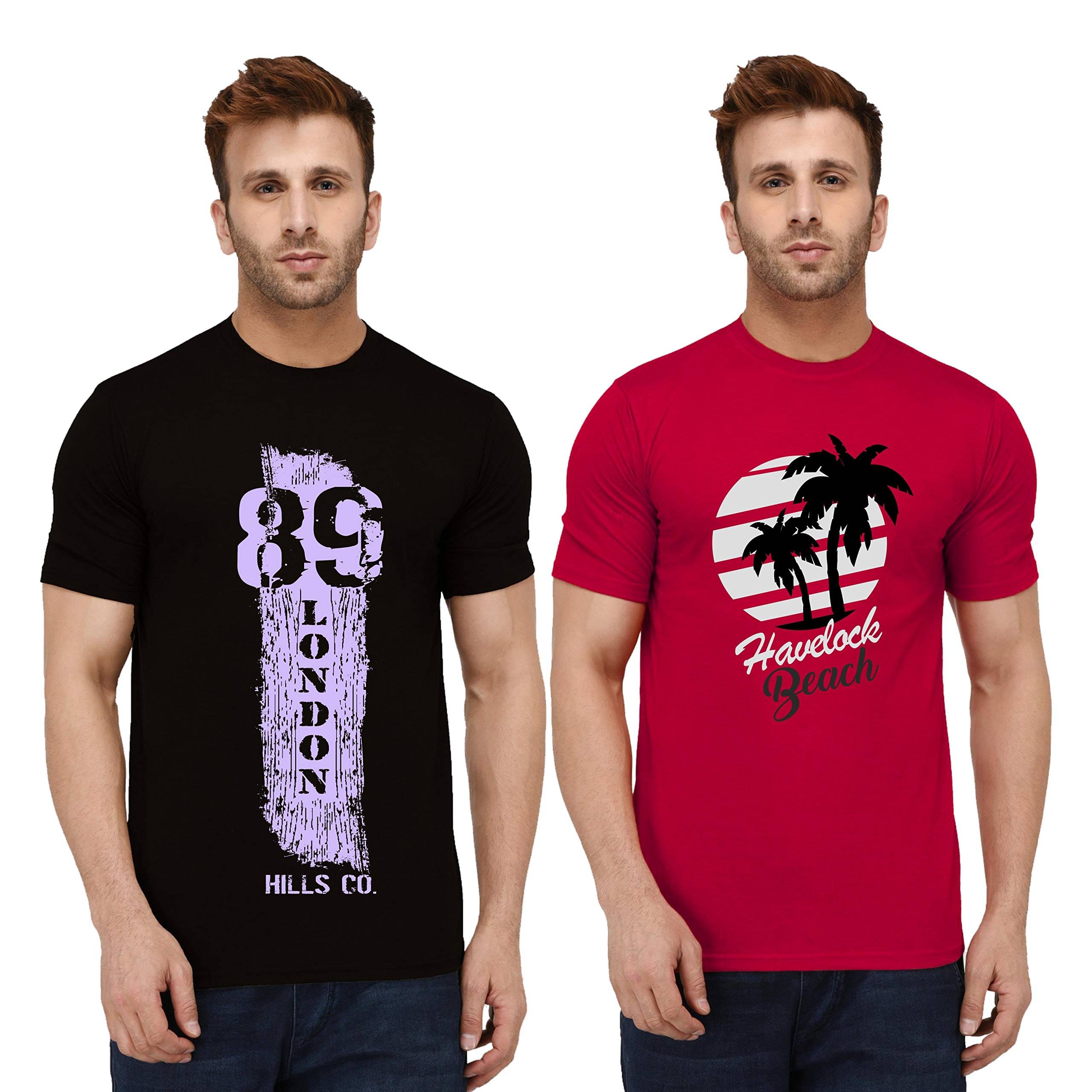     			LONDON HILLS Cotton Blend Regular Fit Printed Half Sleeves Men's Round T-Shirt - Red ( Pack of 2 )