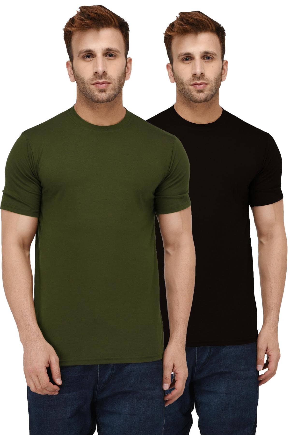LONDON HILLS Cotton Blend Regular Fit Solid Half Sleeves Men's Round T-Shirt - Olive ( Pack of 2 )